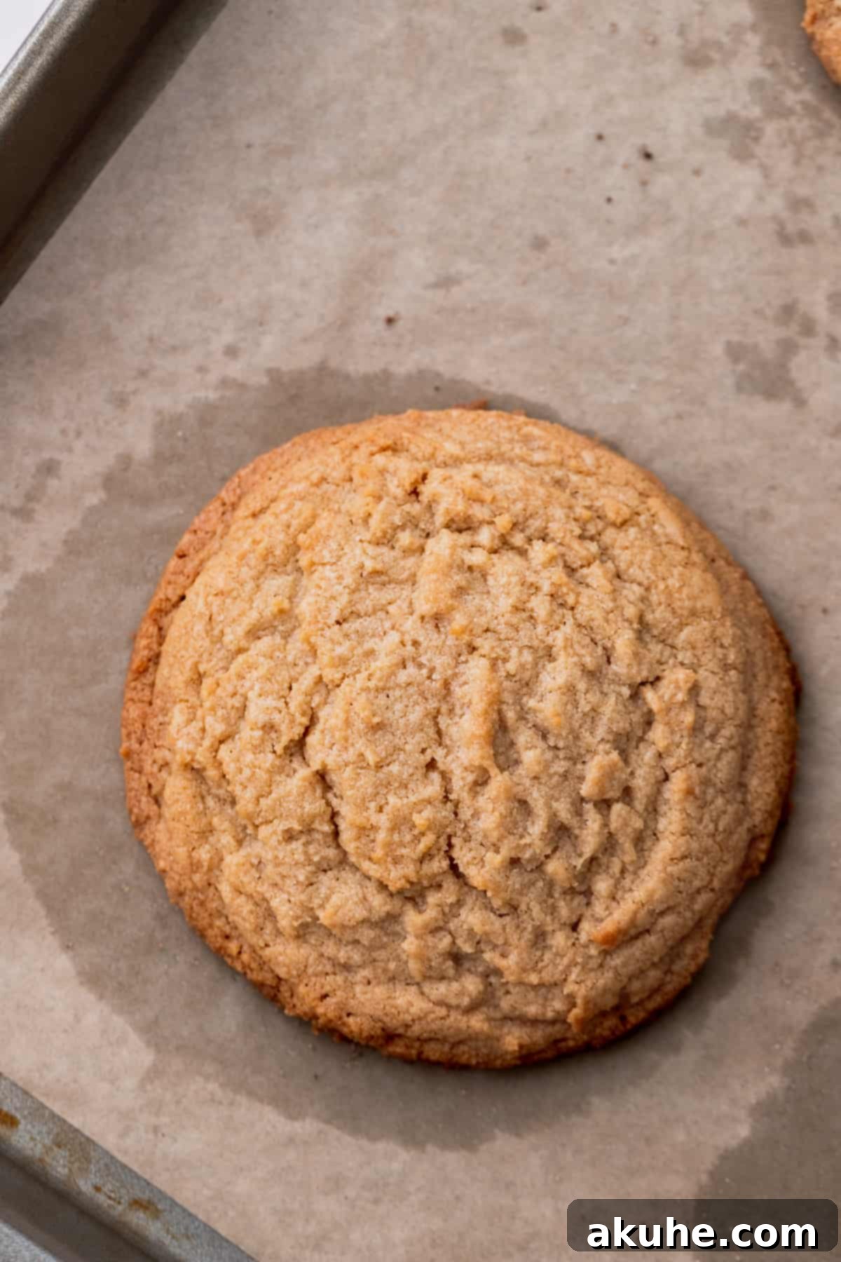Snickerdoodle Peanut Butter Bliss 7 A baked peanut butter cookie on a cookie sheet, golden brown at the edges.