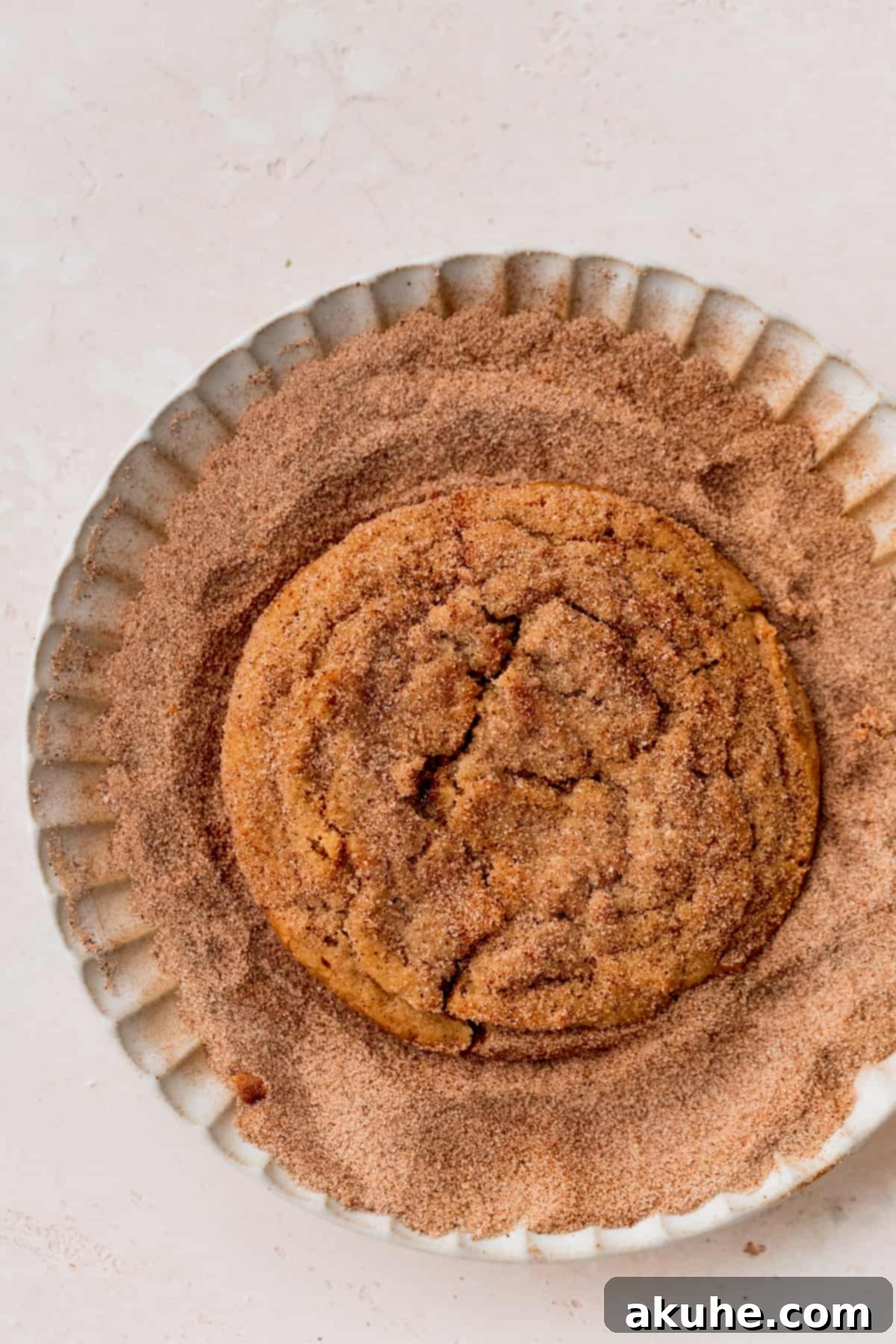 Snickerdoodle Peanut Butter Bliss 8 One warm cookie being dipped into a plate of cinnamon sugar.