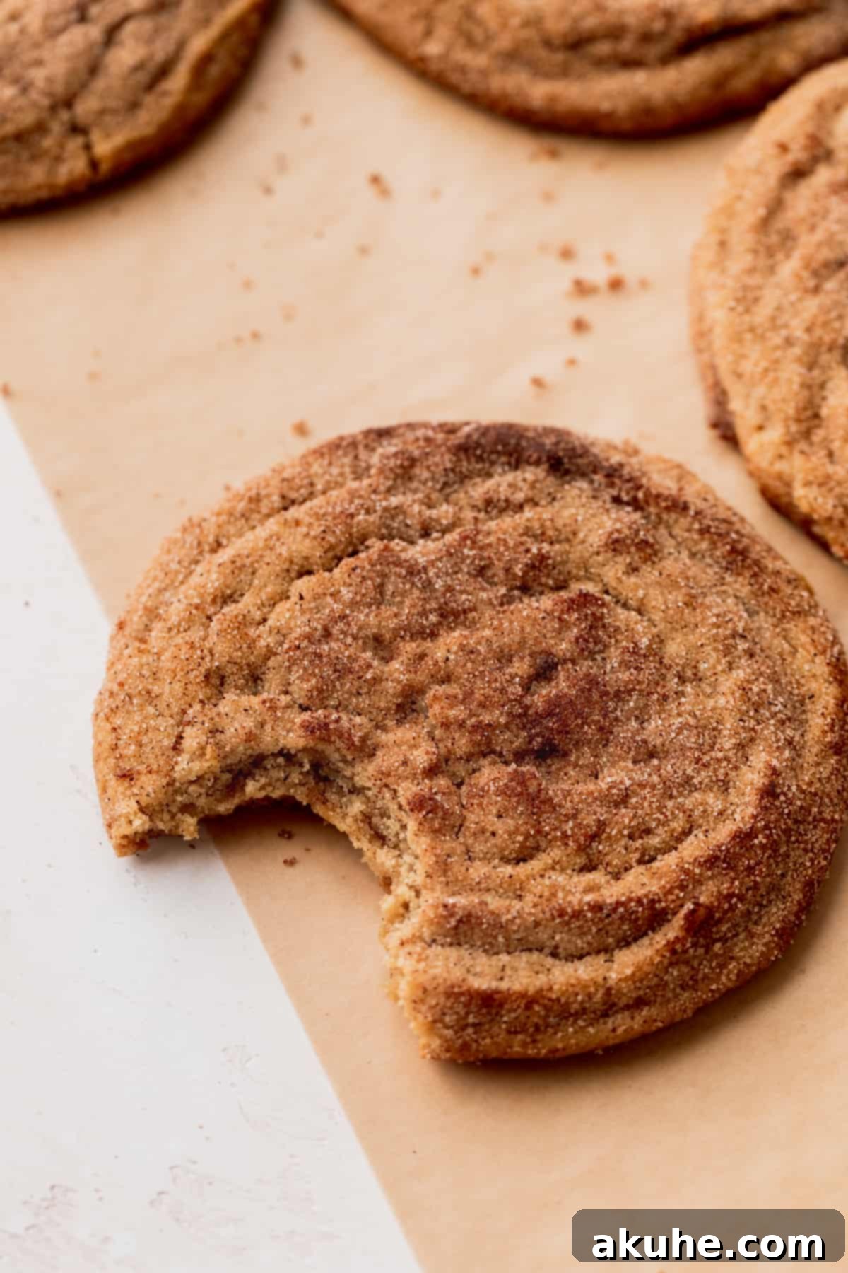 Snickerdoodle Peanut Butter Bliss 9 A snickerdoodle peanut butter cookie with one bite missing, showing its soft interior.
