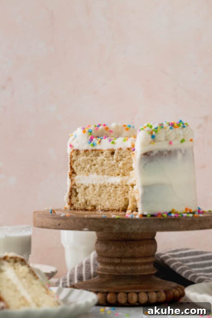 Vanilla Bean Mini Cakes 10 A mini vanilla cake presented on a cake stand with several slices already removed, showing its inviting interior.