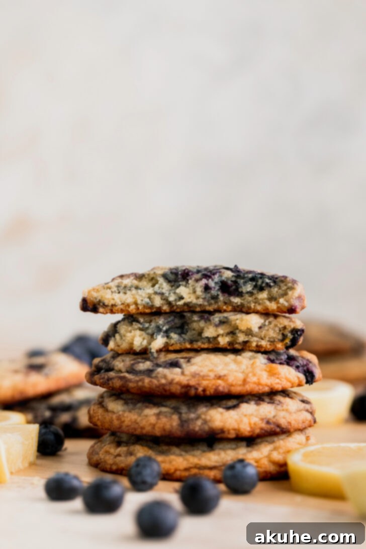 A stack of golden-brown lemon blueberry cookies with visible blueberries, perfect for a springtime treat.