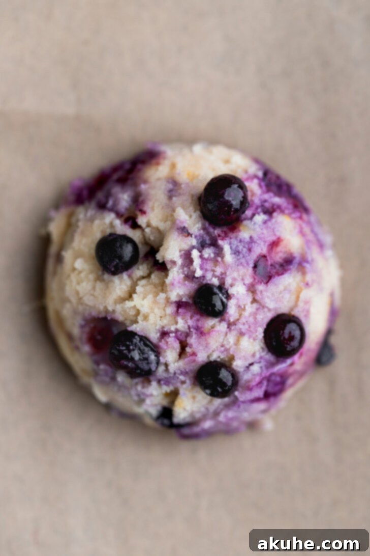 Scooped cookie dough balls, some with extra blueberries pressed on top, ready for baking.