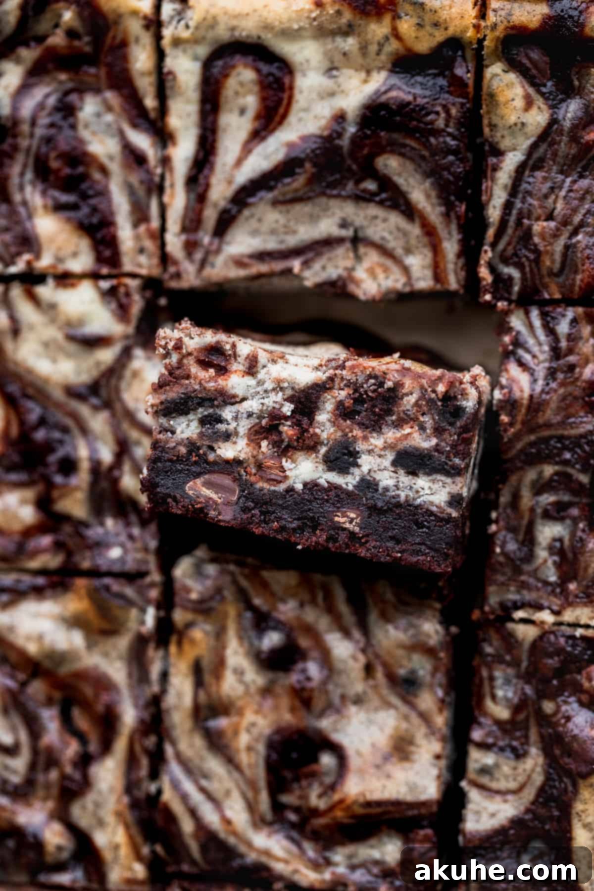 Decadent Oreo Cheesecake Brownies 3 One side of the brownies on its side to show the layers.