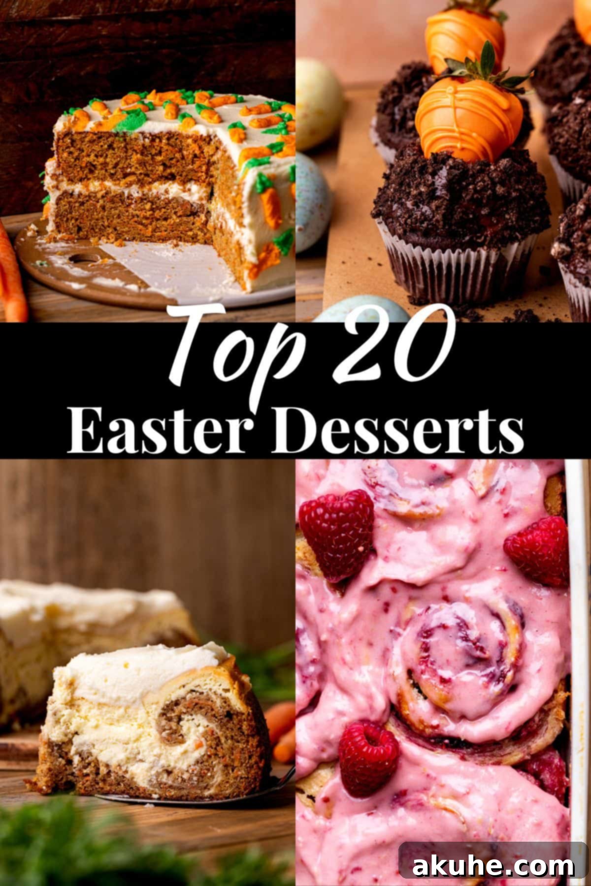 Pinterest pin for delicious Easter desserts, showcasing a variety of cakes, cookies, and rolls for holiday baking.