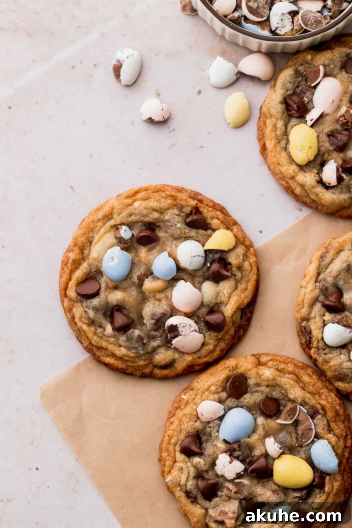 Delicious Mini Egg Cookies 2 Freshly baked mini egg cookies cooling on parchment paper.