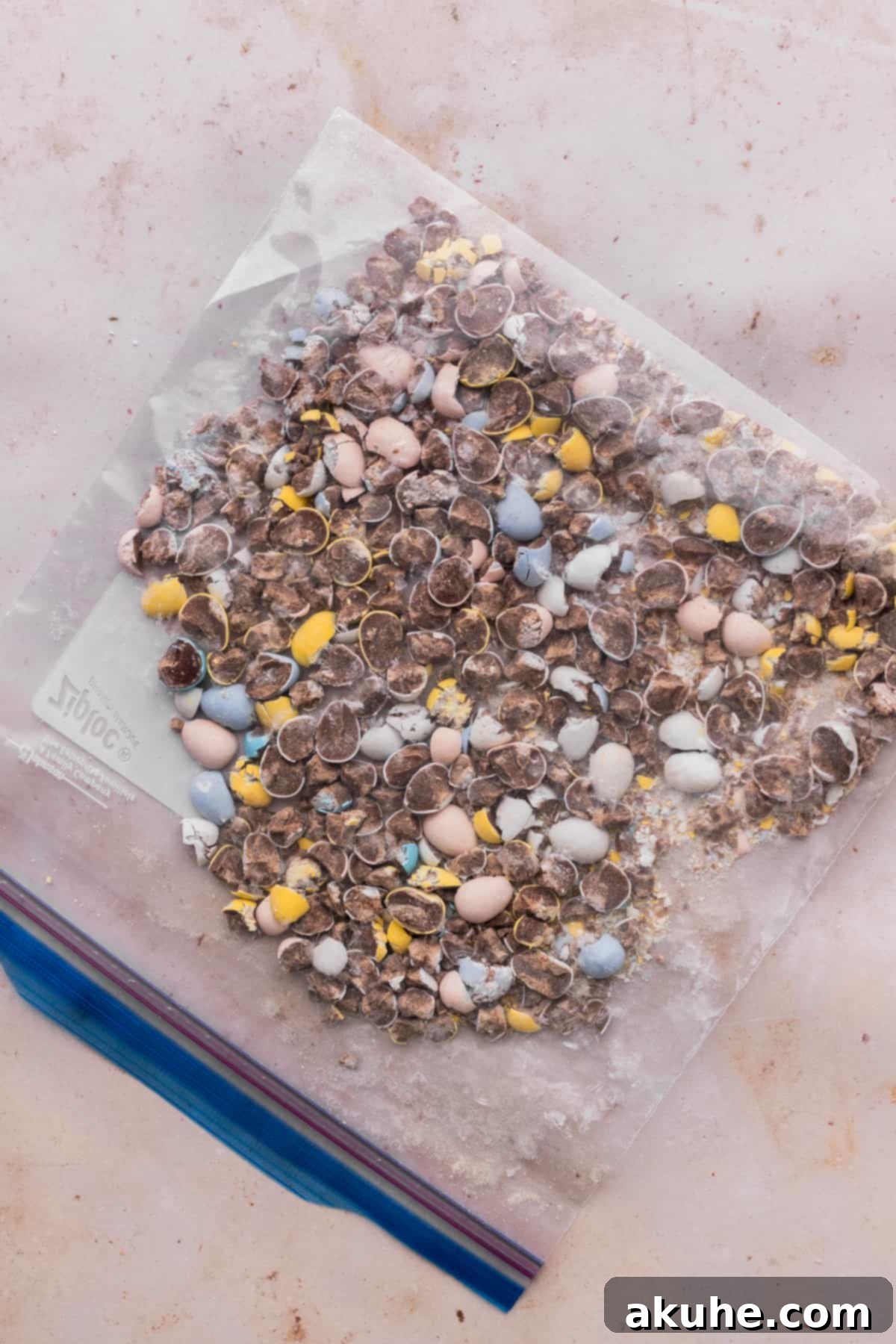 Delicious Mini Egg Cookies 5 Chopped mini eggs in a plastic bag, ready to be added to cookie dough.