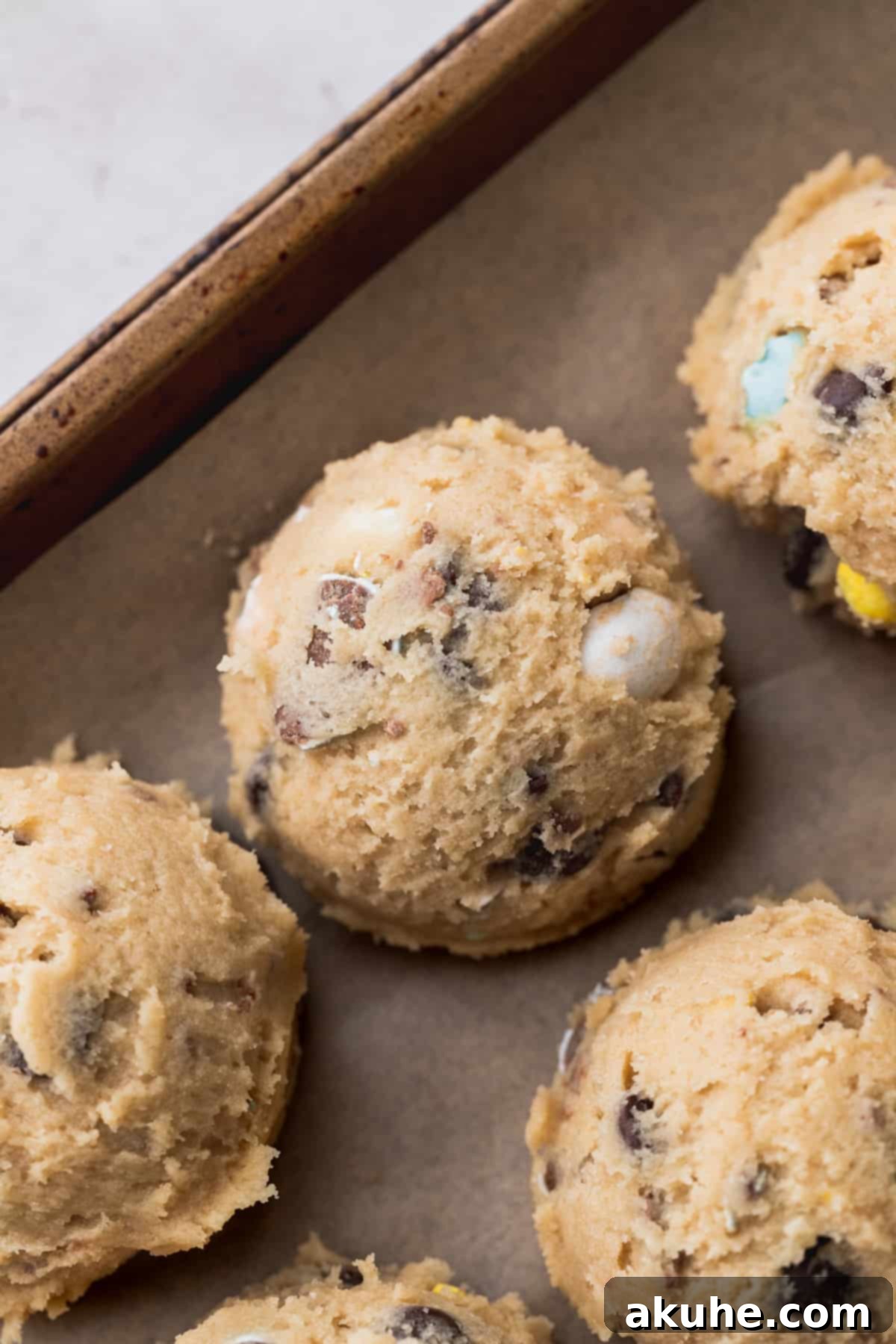 Delicious Mini Egg Cookies 7 Scooped cookie dough balls arranged on a parchment-lined cookie sheet.