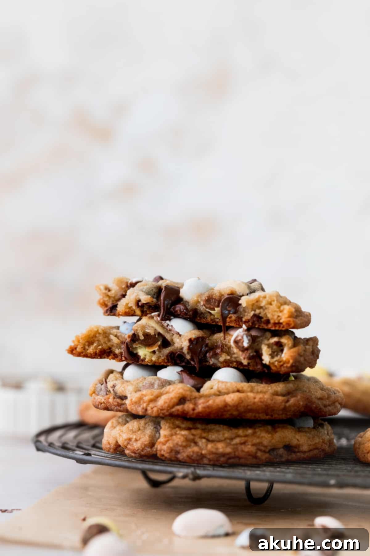 Delicious Mini Egg Cookies 9 A stack of perfectly baked mini egg cookies on a wire cooling rack.