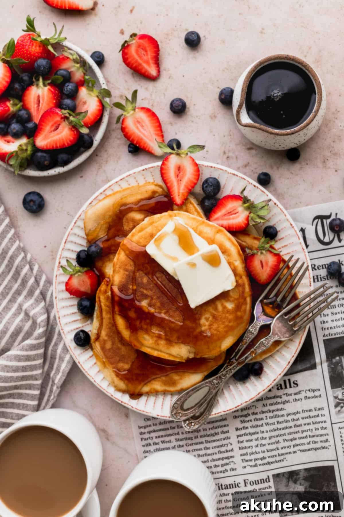 Heavenly Sweet Cream Pancakes 8 A single plate featuring a stack of three sweet cream pancakes, generously topped with butter and syrup, surrounded by fresh berries.