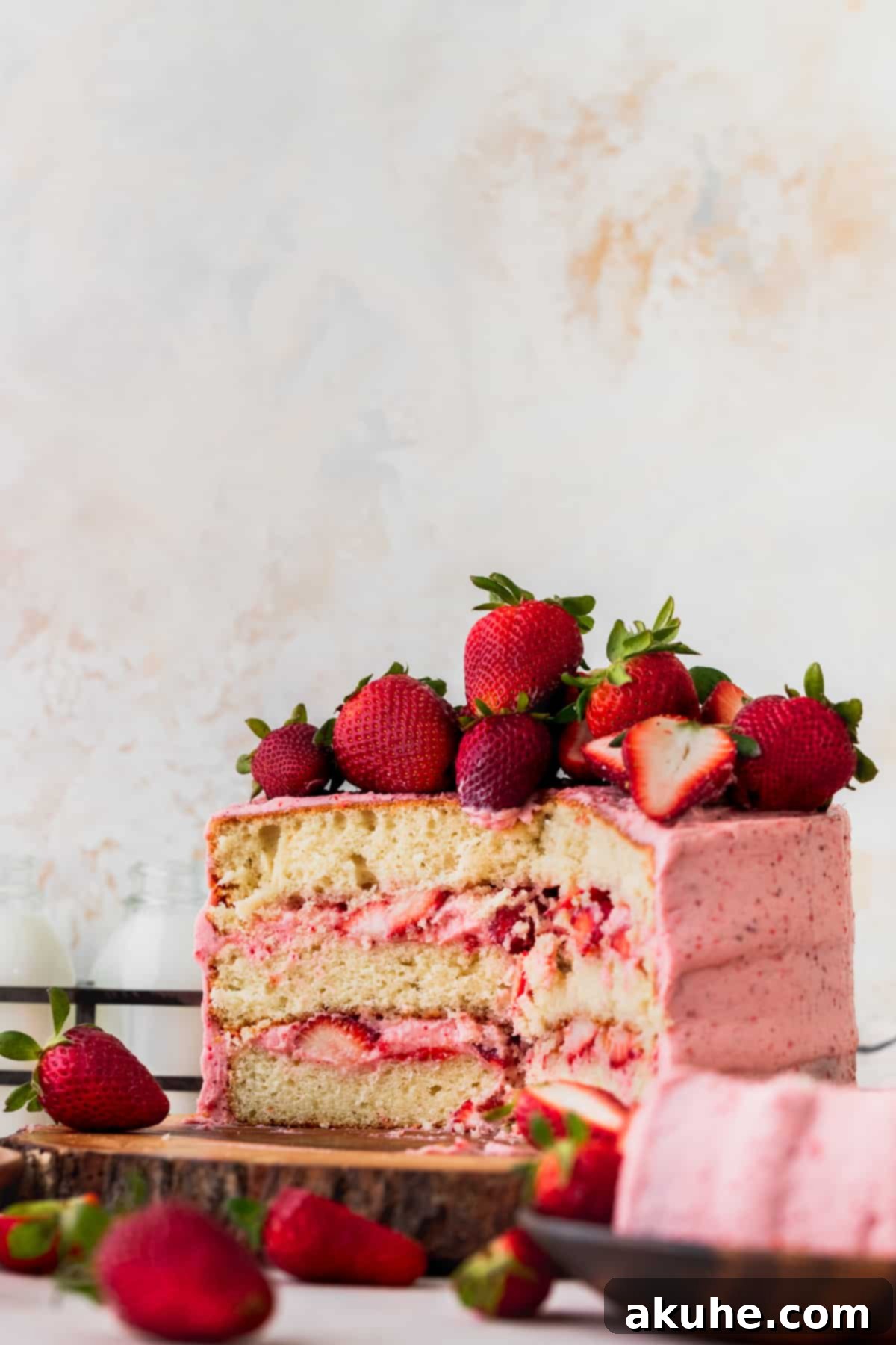 Sweet Strawberry Vanilla Dream 11 Strawberry vanilla cake split in half on a wooden board, showing its internal layers and fresh strawberries.