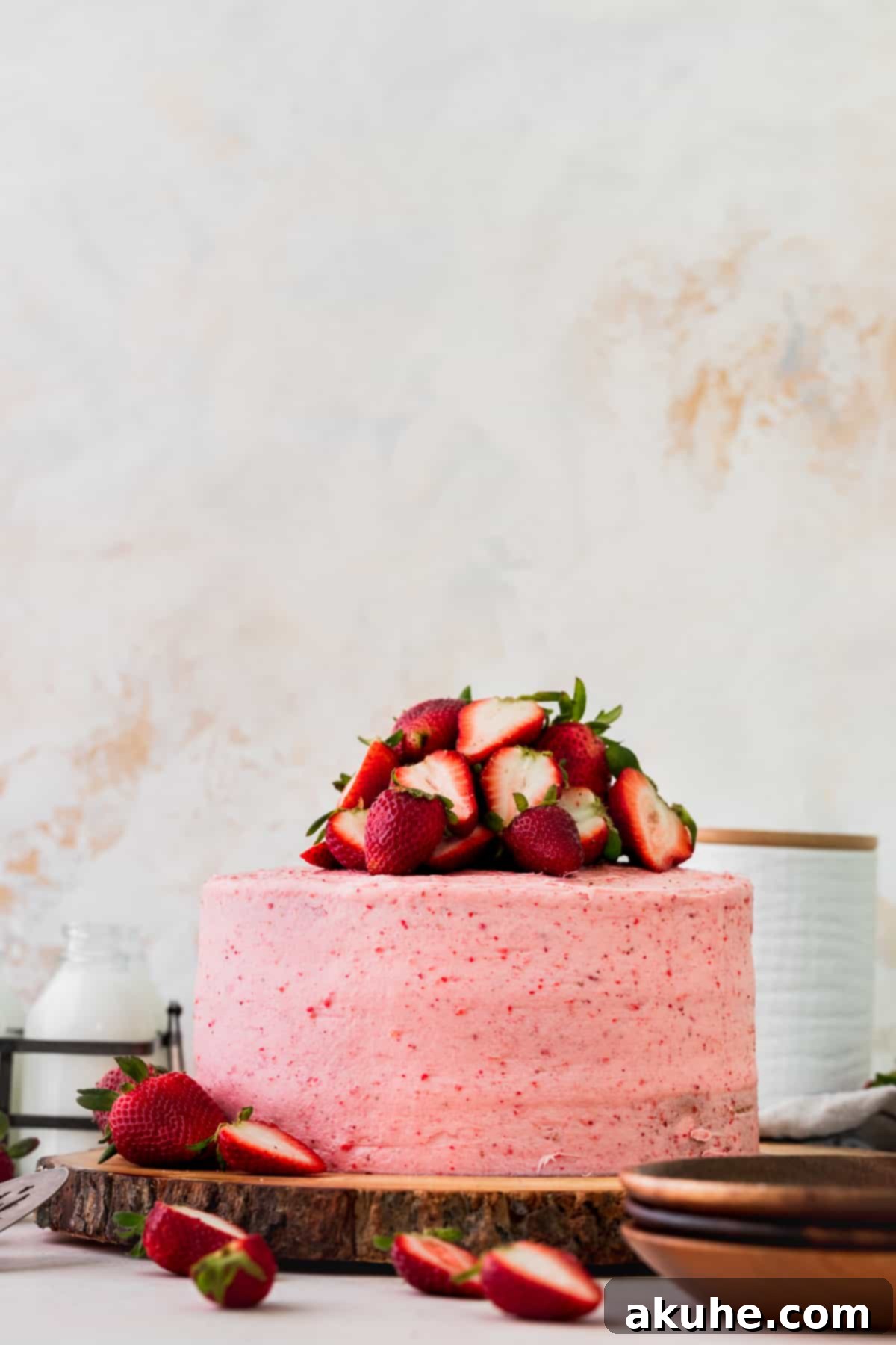 Sweet Strawberry Vanilla Dream 3 Decorated strawberry vanilla cake on a wood board, ready to be served.
