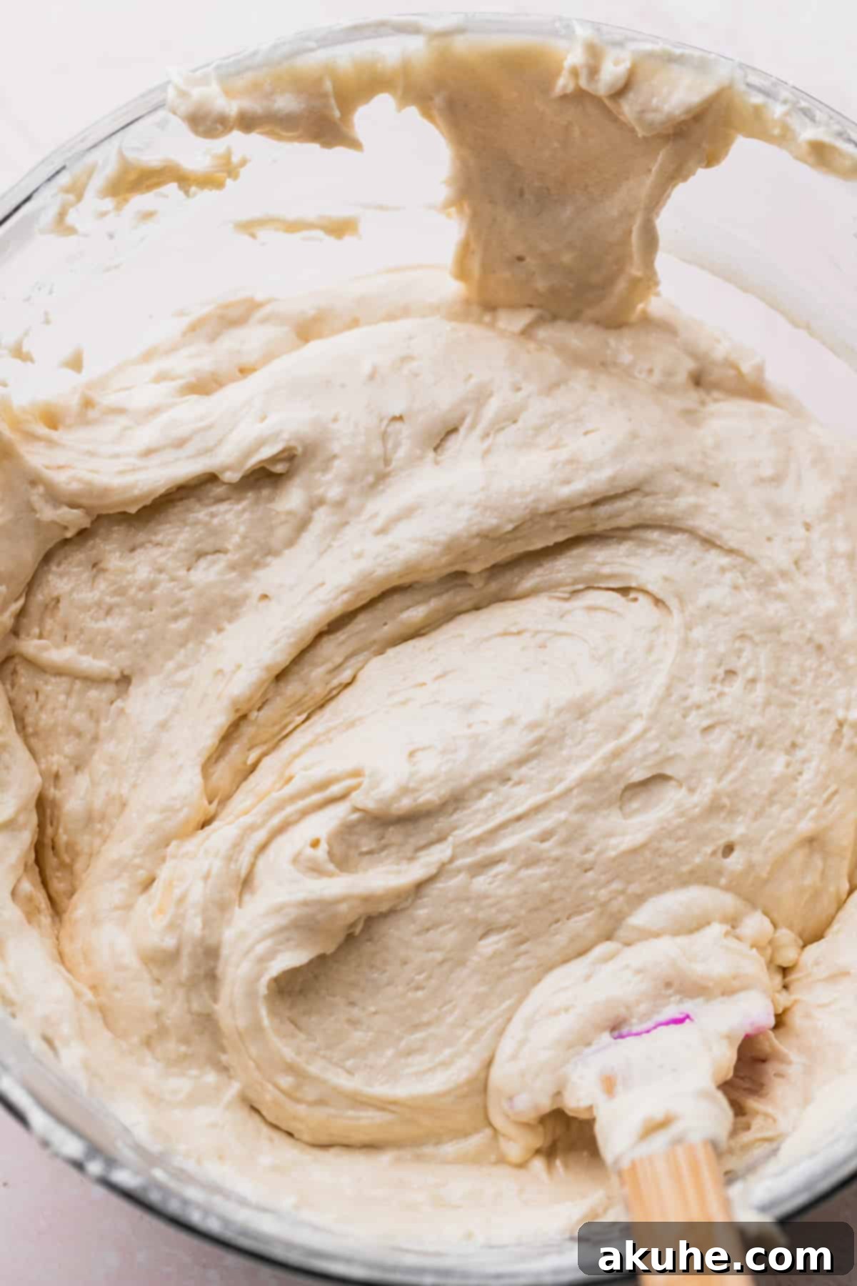 Sweet Strawberry Vanilla Dream 5 Cake batter in a glass bowl, showing its smooth consistency.