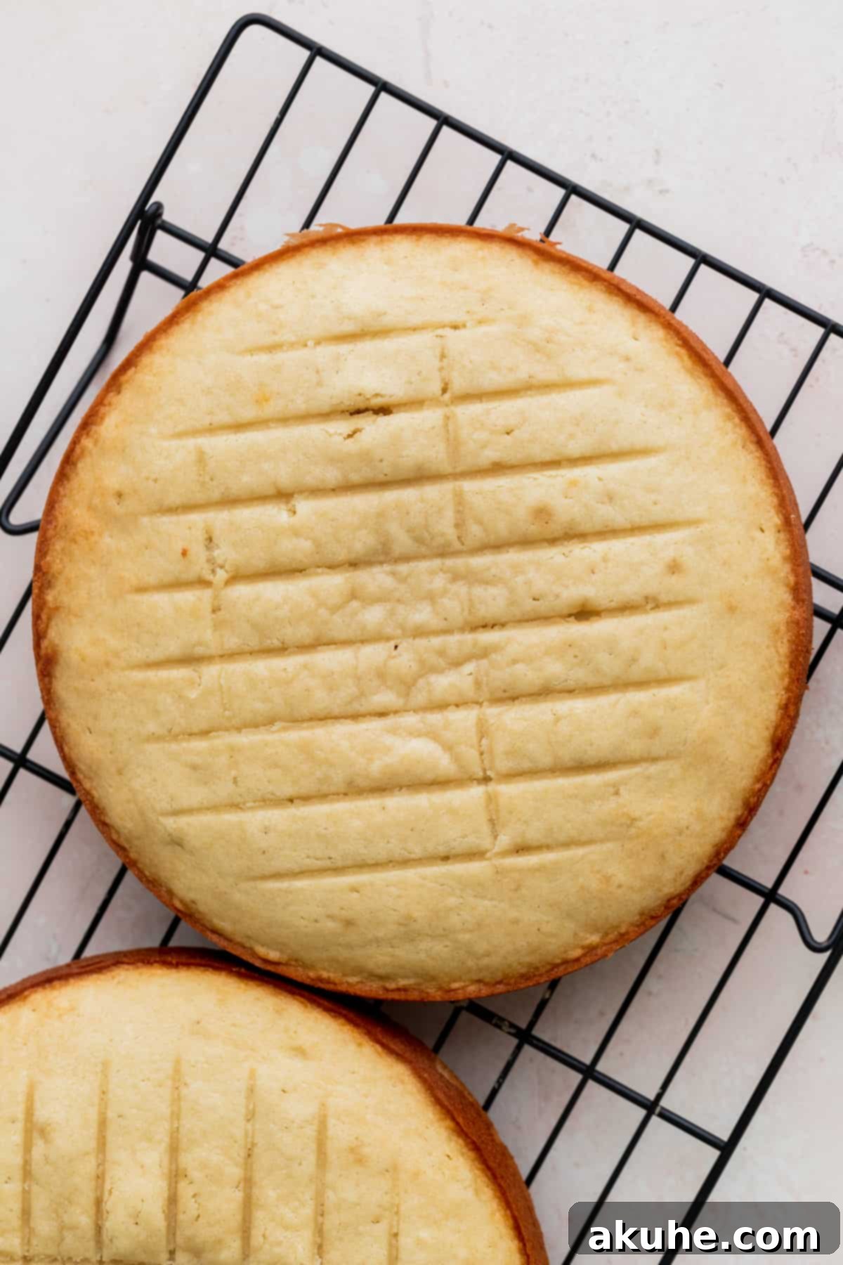 Sweet Strawberry Vanilla Dream 6 Close up of a freshly baked cake layer cooling on a wire rack.