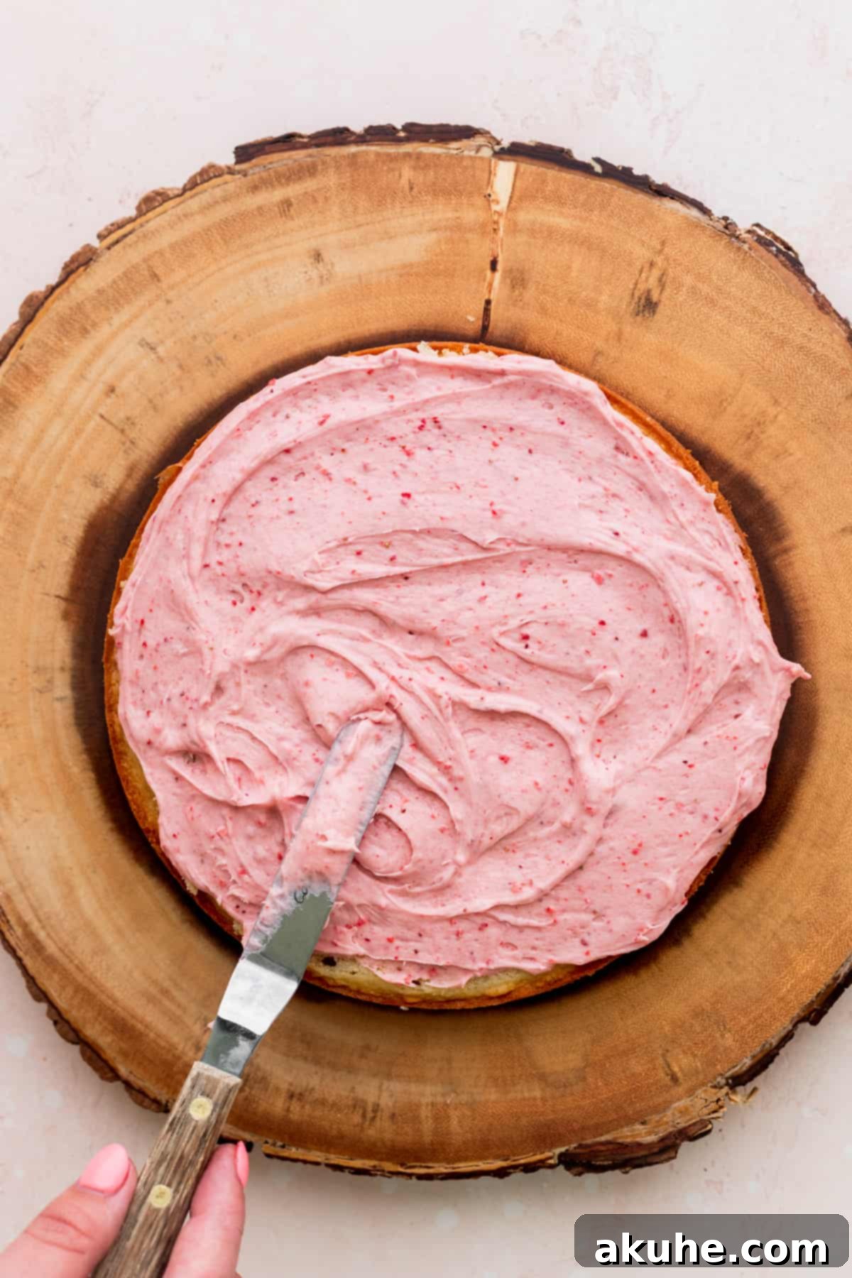 Sweet Strawberry Vanilla Dream 9 Spreading strawberry frosting on top of cake with an offset spatula.