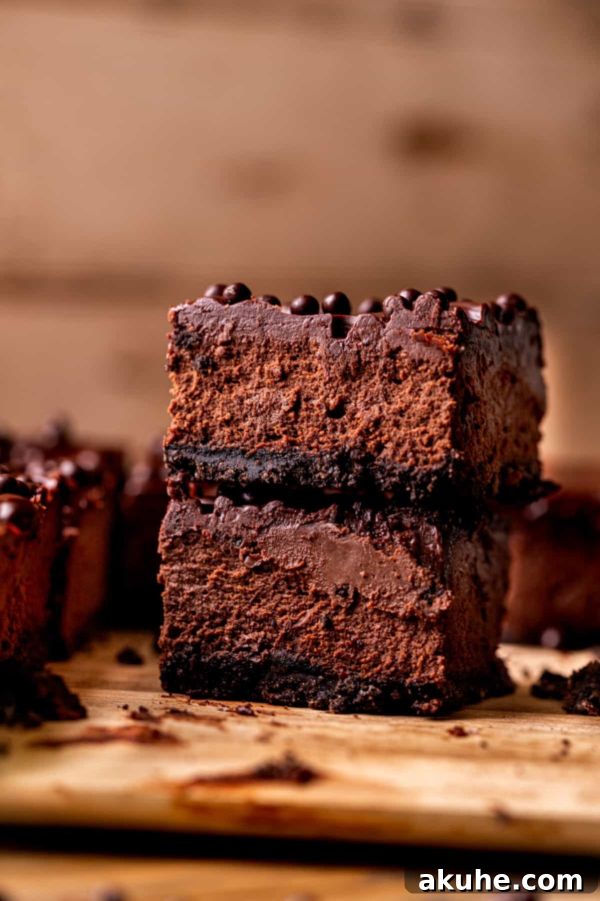 Decadent Chocolate Cheesecake Squares 8 A stack of two beautifully decorated chocolate cheesecake bars, showcasing their generous layers and smooth ganache topping.