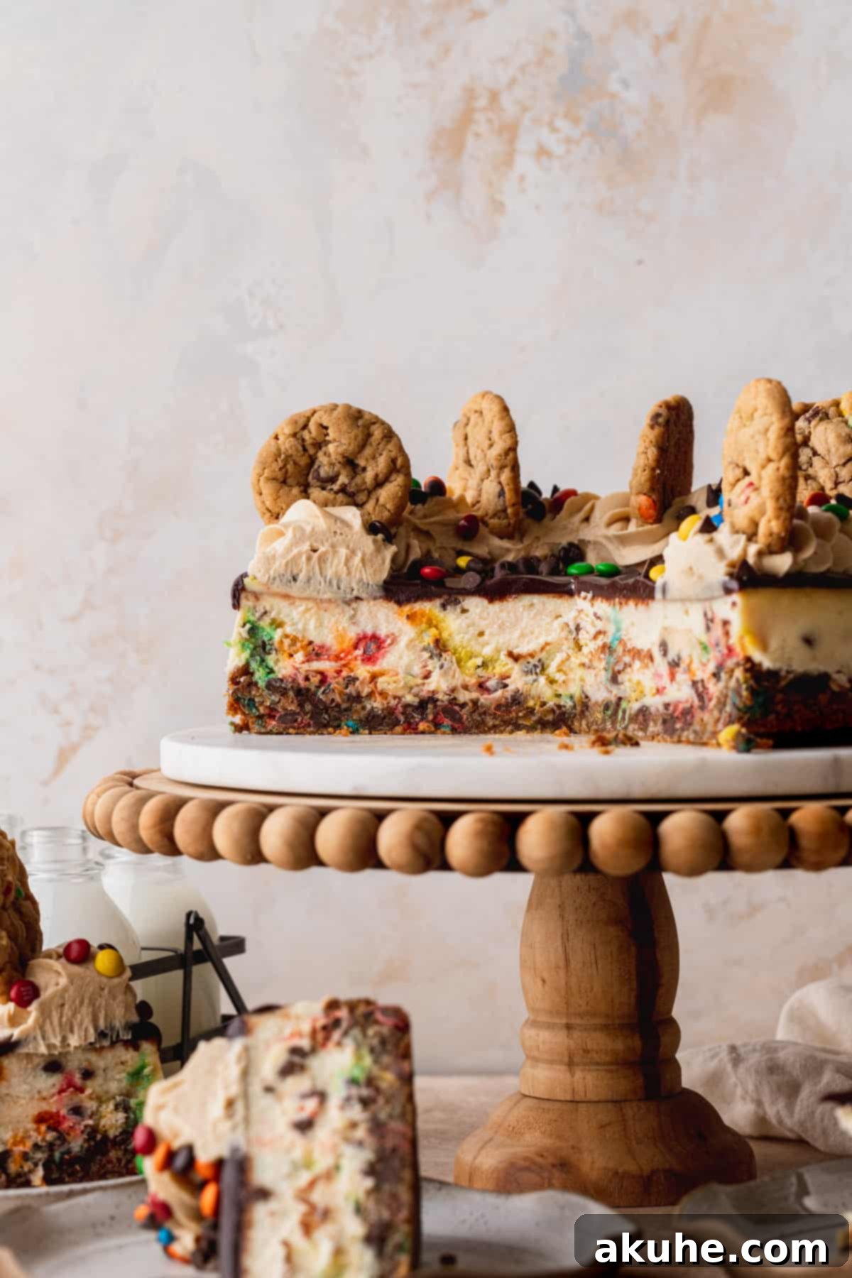 A stunning Monster Cookie Cheesecake, perfectly sliced and presented on a elegant cake stand, showcasing its vibrant layers of cookie crust, creamy filling, and delightful toppings.