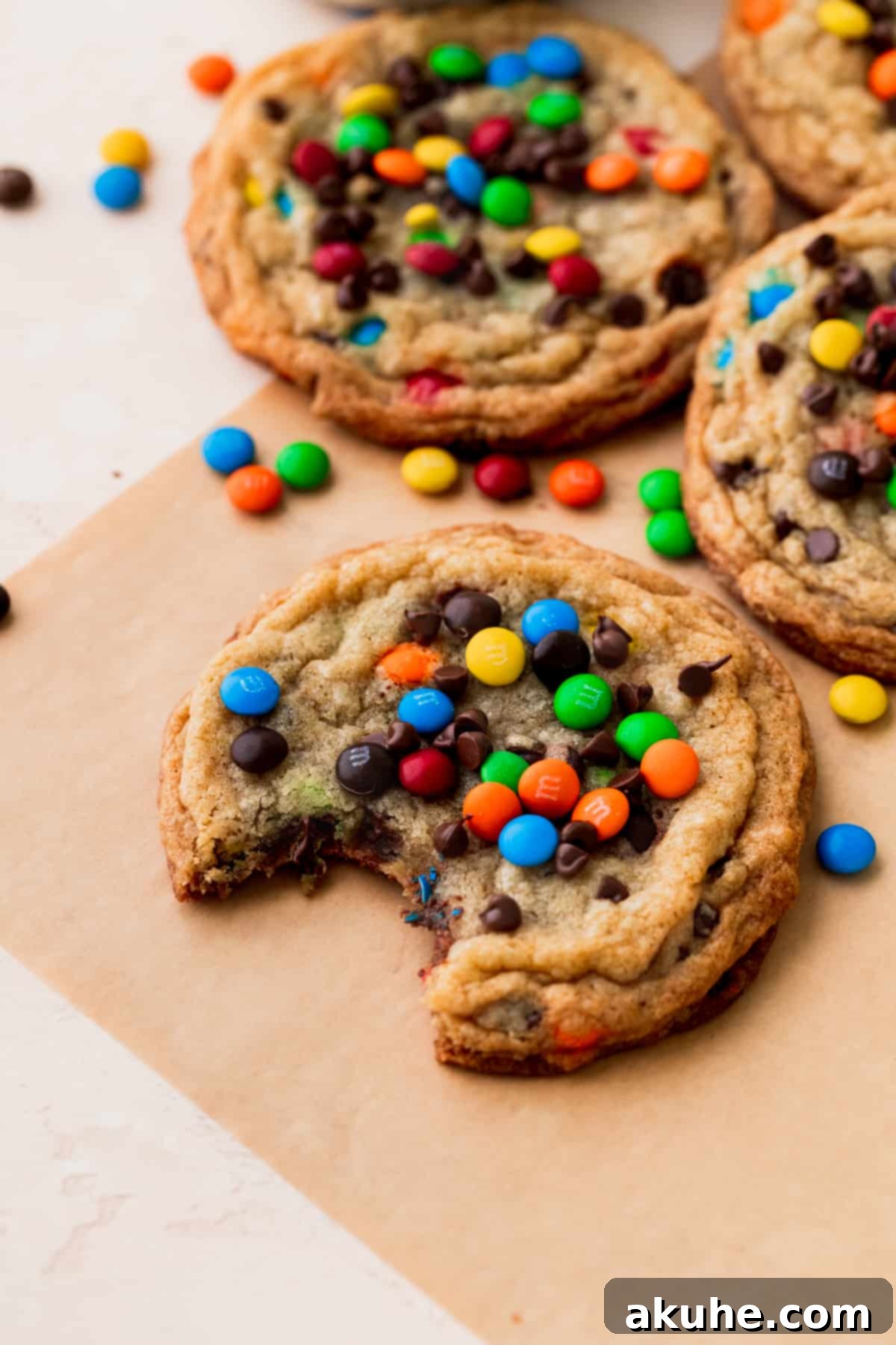 A delicious mini M&M cookie with a bite taken out, revealing its soft and chewy interior.