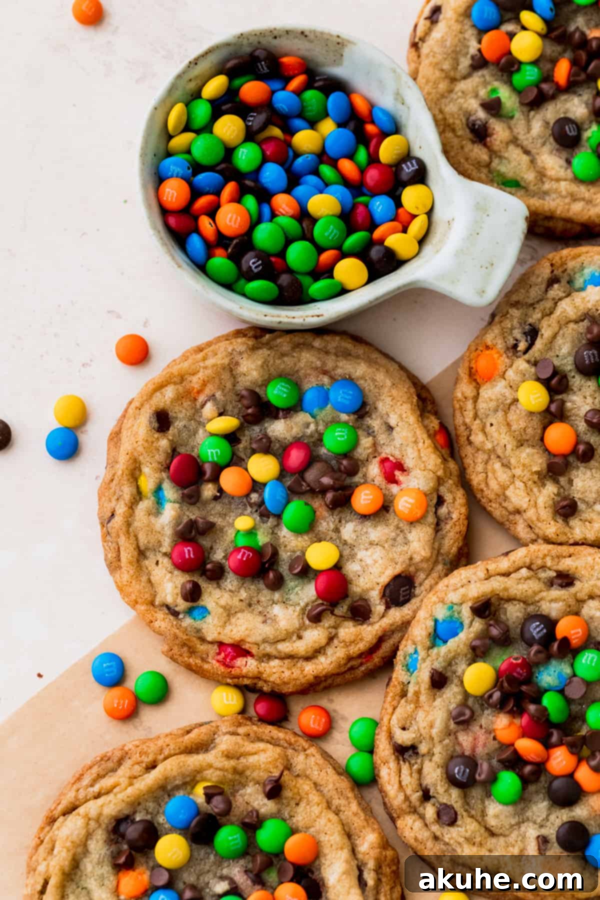 Several perfectly baked mini M&M cookies arranged neatly on parchment paper, ready to be enjoyed.