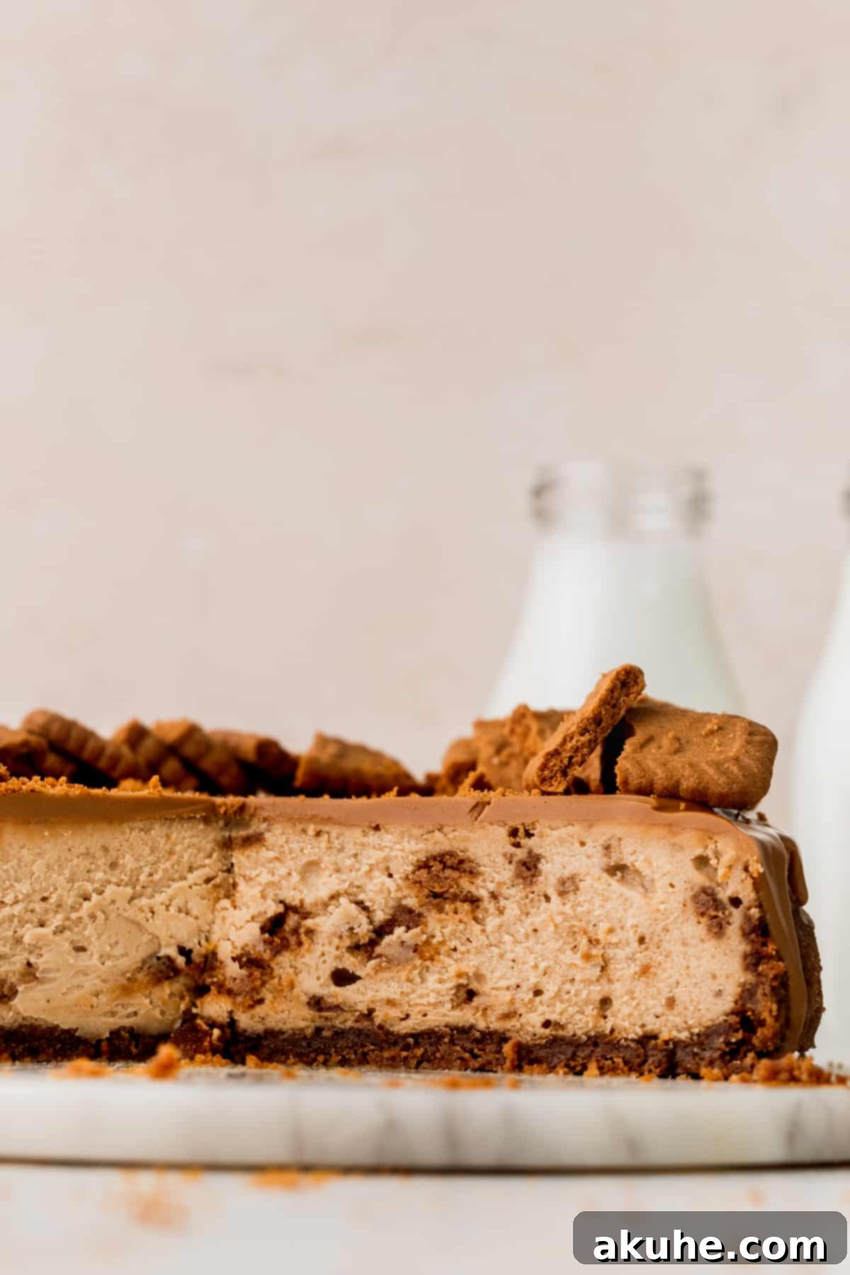 The Ultimate Biscoff Cheesecake 14 A beautiful side view of the Biscoff cheesecake, showcasing its distinct crust, creamy filling, and delicious topping.