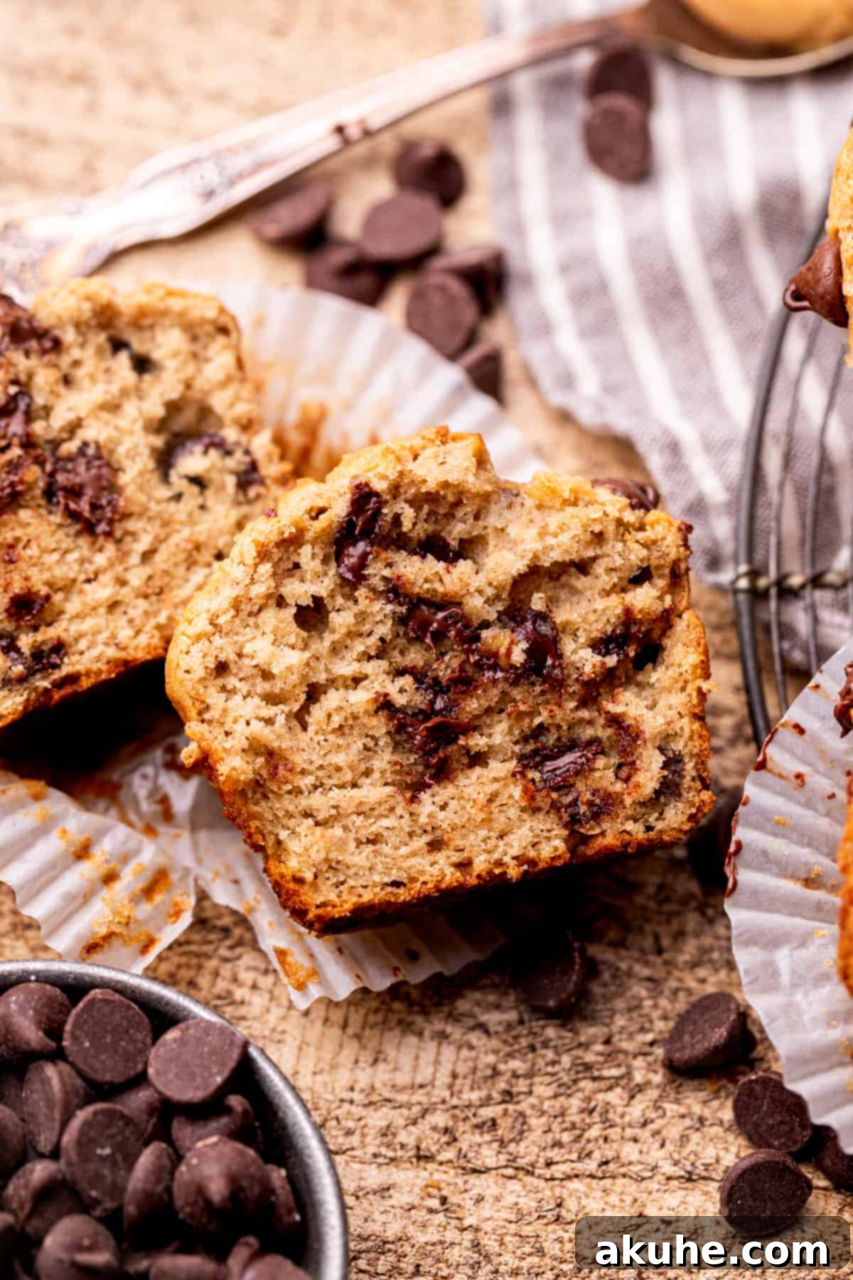 Ultimate Peanut Butter Banana Muffins 8 Muffin cut in half.