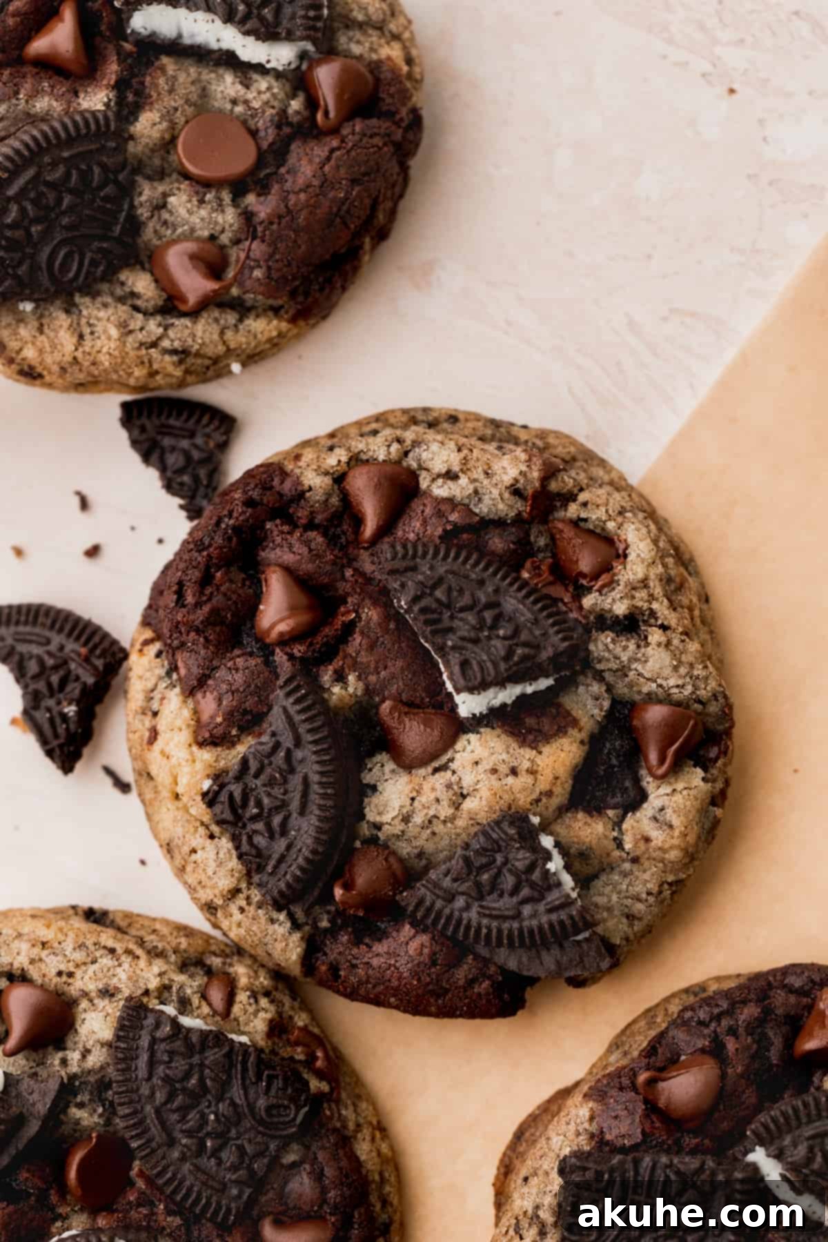 Ultimate Oreo Brookie Indulgence 2 Perfectly baked Oreo brookie cookie on parchment paper, showcasing its delightful swirls and textures.