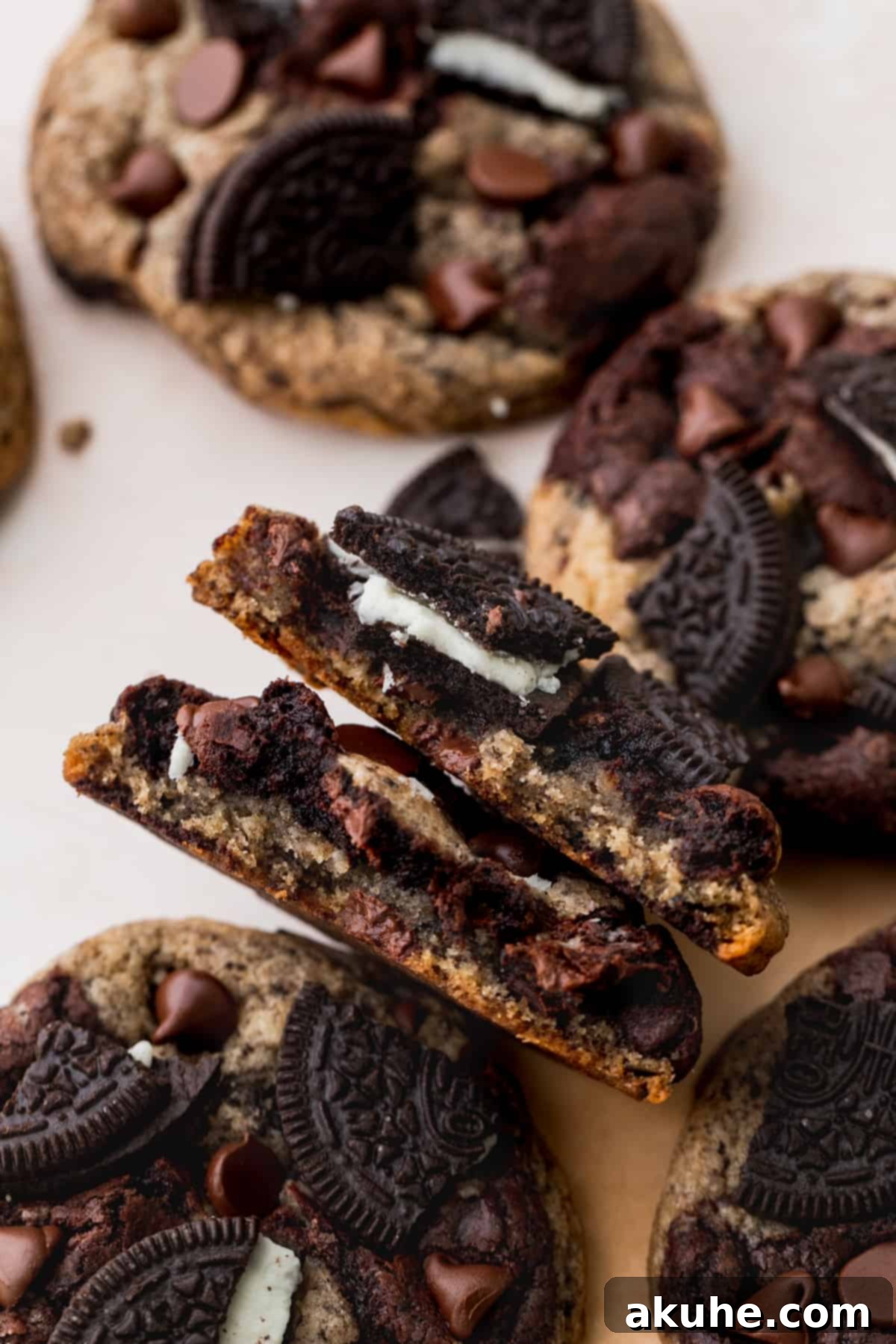 Ultimate Oreo Brookie Indulgence 13 A second view of a single Oreo brookie split in half, emphasizing its rich texture and delicious layers.