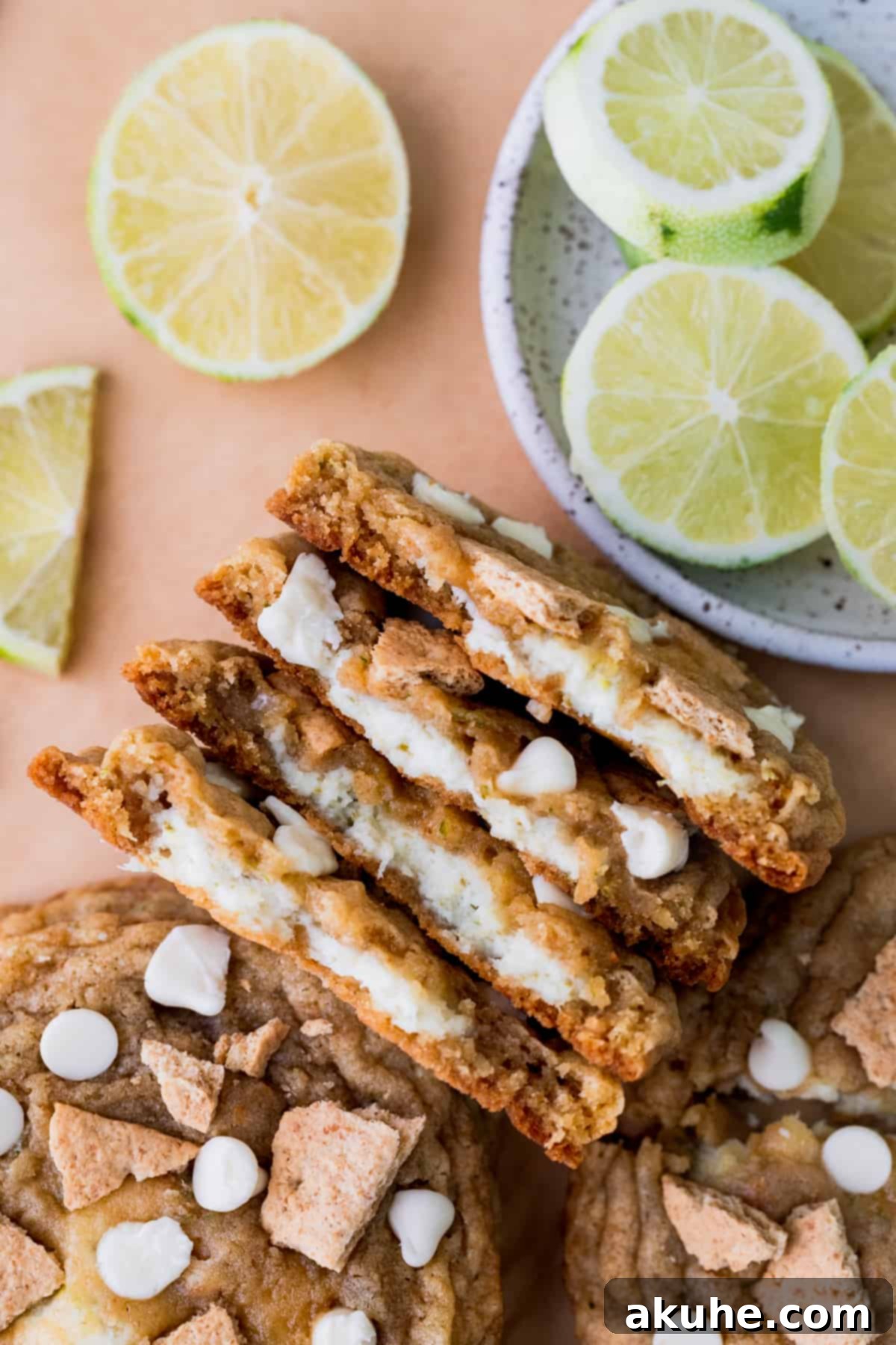 Zesty Key Lime Cookies 12 Two Key Lime Cookies perfectly halved, showcasing their creamy, vibrant green cheesecake filling and graham cracker speckles.