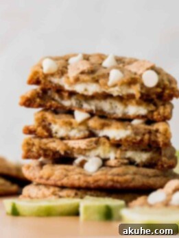 Zesty Key Lime Cookies 14 Key lime cookies stacked on top showing the filling.