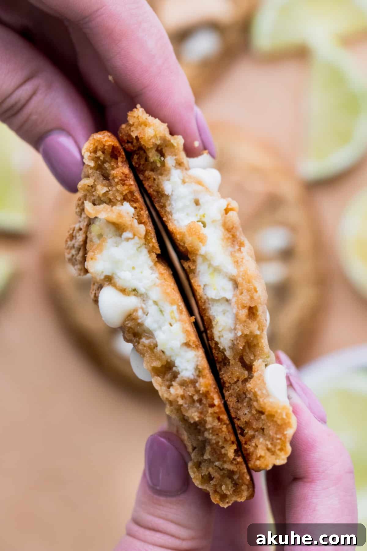 Zesty Key Lime Cookies 3 A key lime cookie carefully split in half, revealing its creamy cheesecake center.