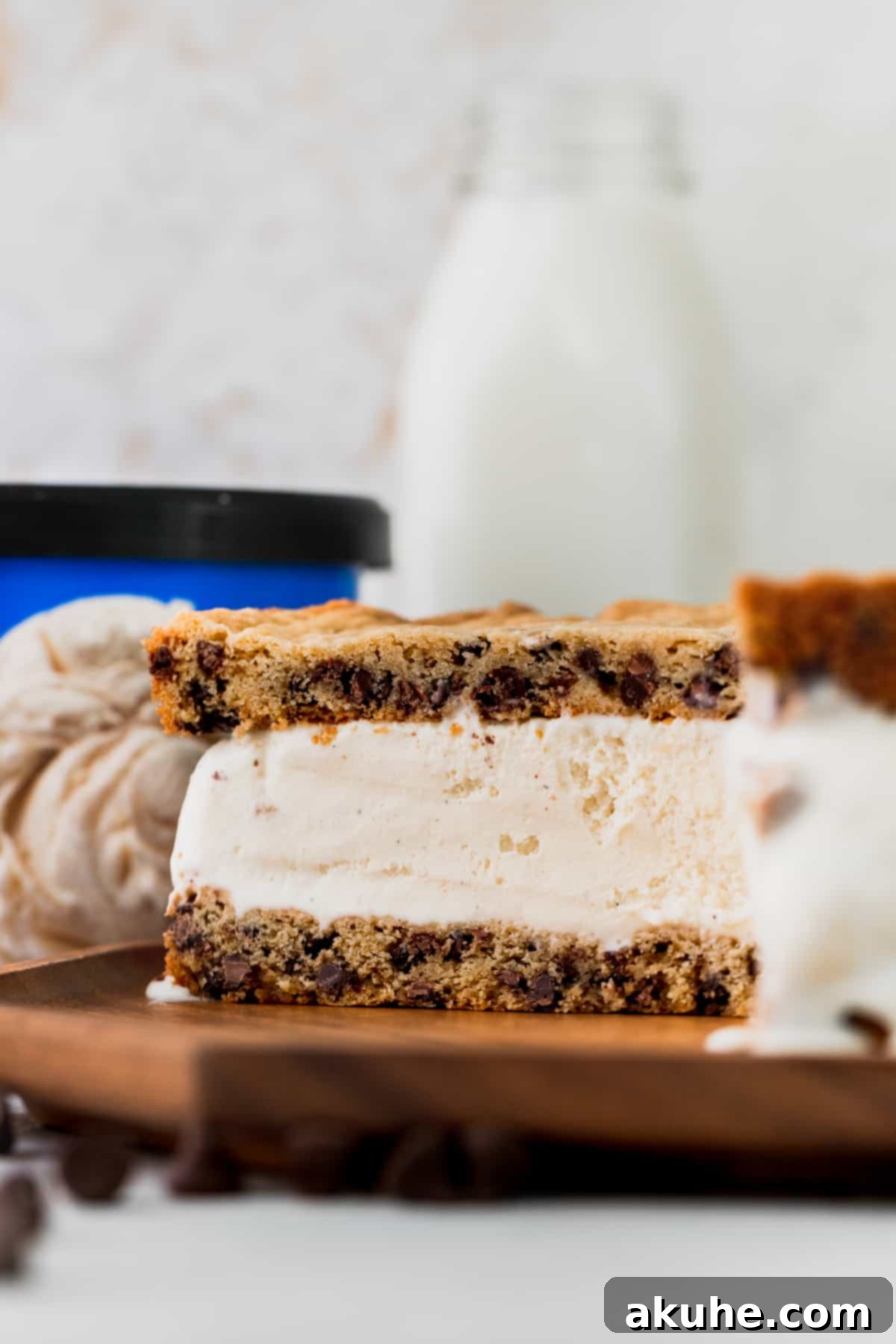 Decadent Cookie Sandwich 2 Sliced into ice cream cookie sandwich, showcasing layers of soft cookie and creamy ice cream.