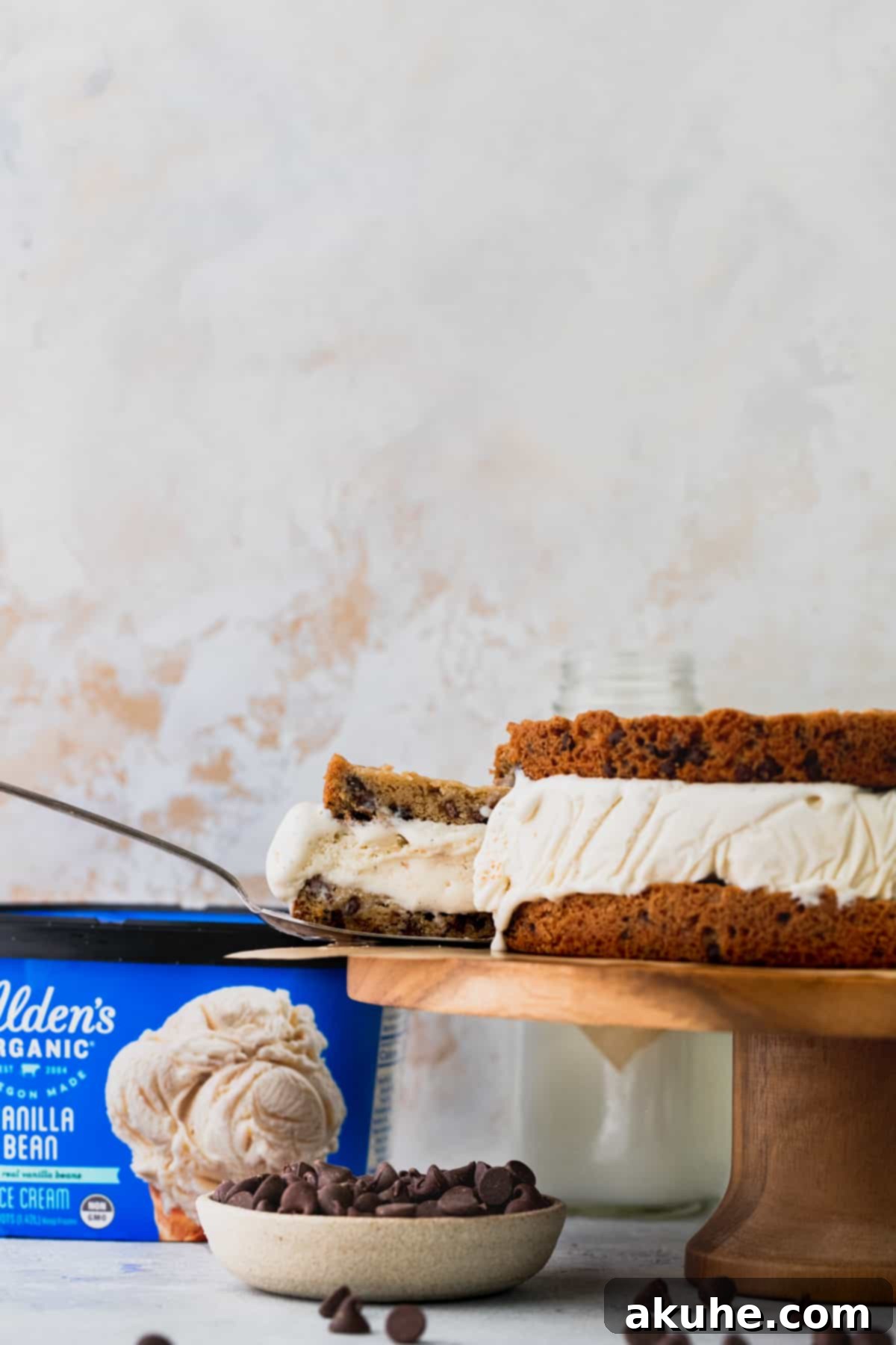 Decadent Cookie Sandwich 10 A slice being carefully removed from the giant ice cream cookie sandwich.
