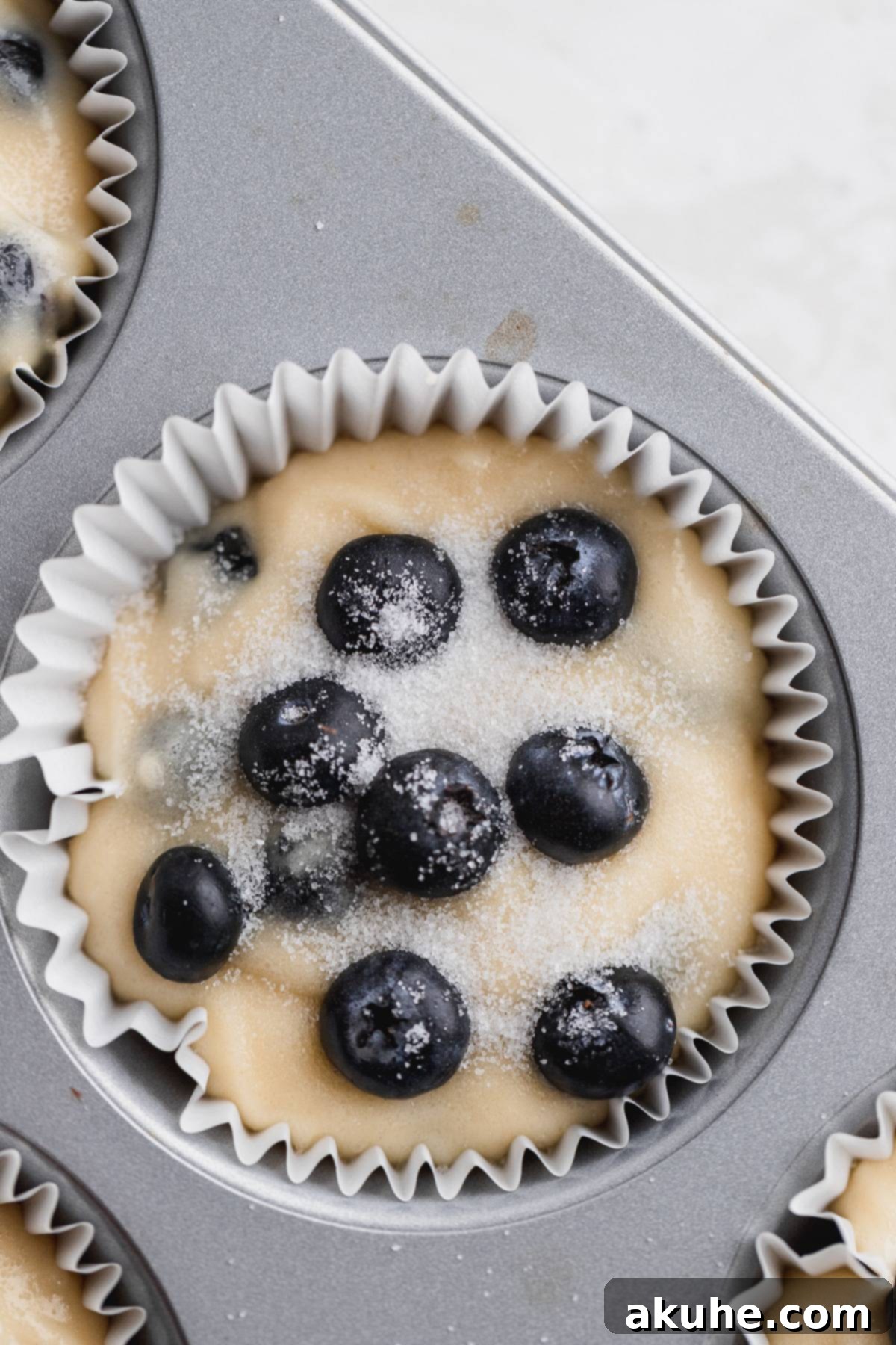 Giant Bakery Style Blueberry Muffins 7 Muffin batter scooped into a muffin tin, topped with fresh blueberries and a sprinkle of sugar.