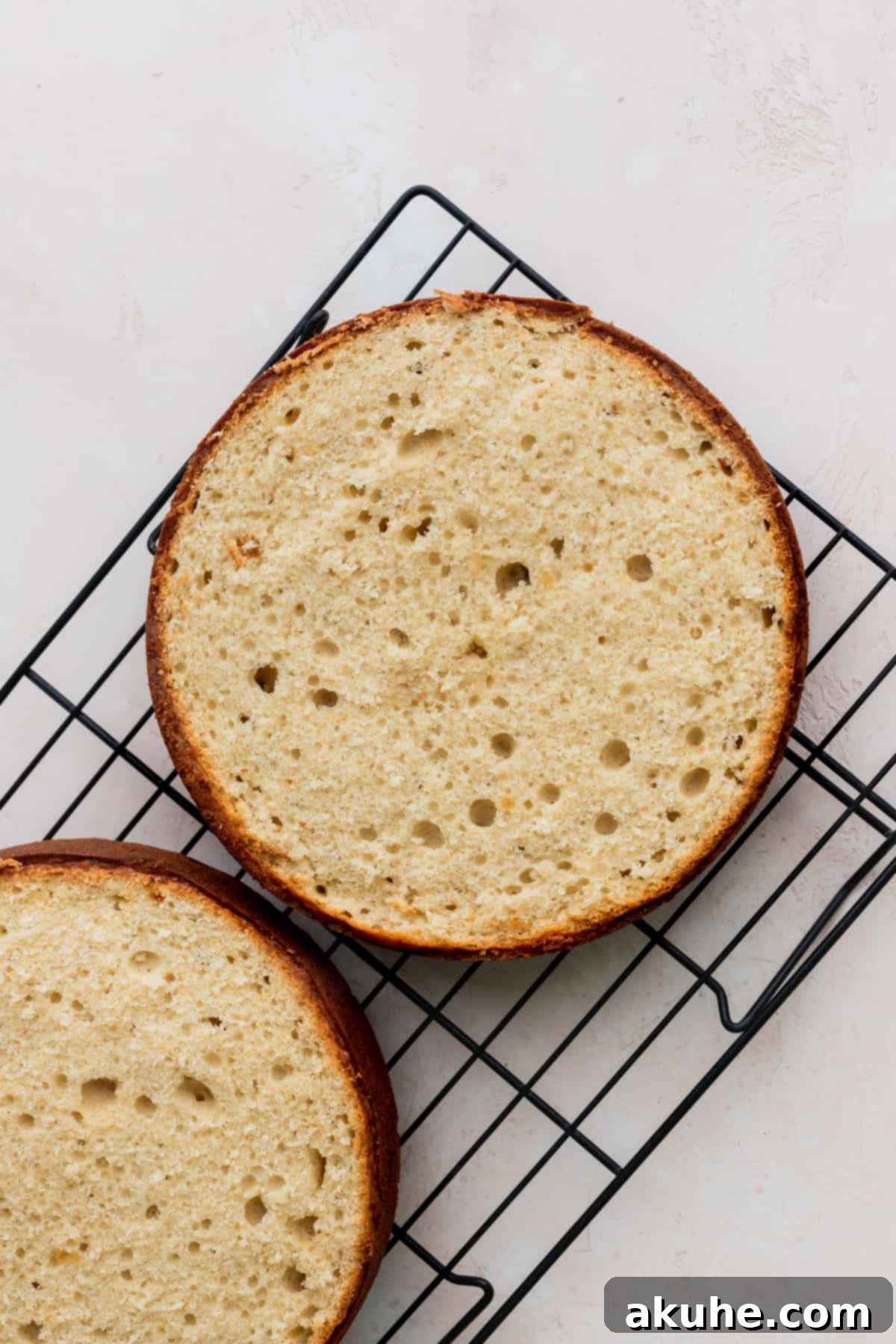 Two golden-brown vanilla cake layers, fresh from the oven, cooling gracefully on a wire rack.
