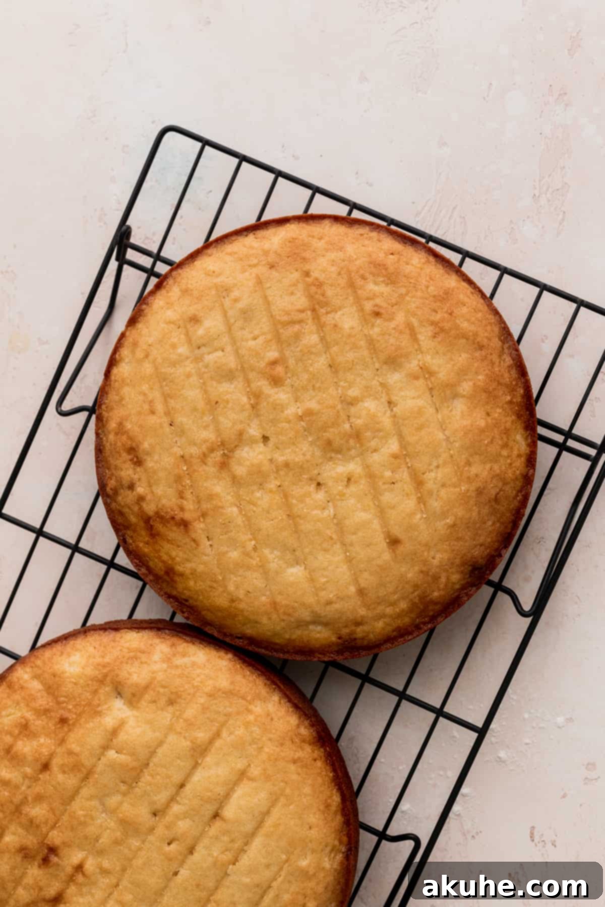 Tropical Pineapple Delight 8 Three perfectly baked pineapple cake layers cooling on a wire rack.