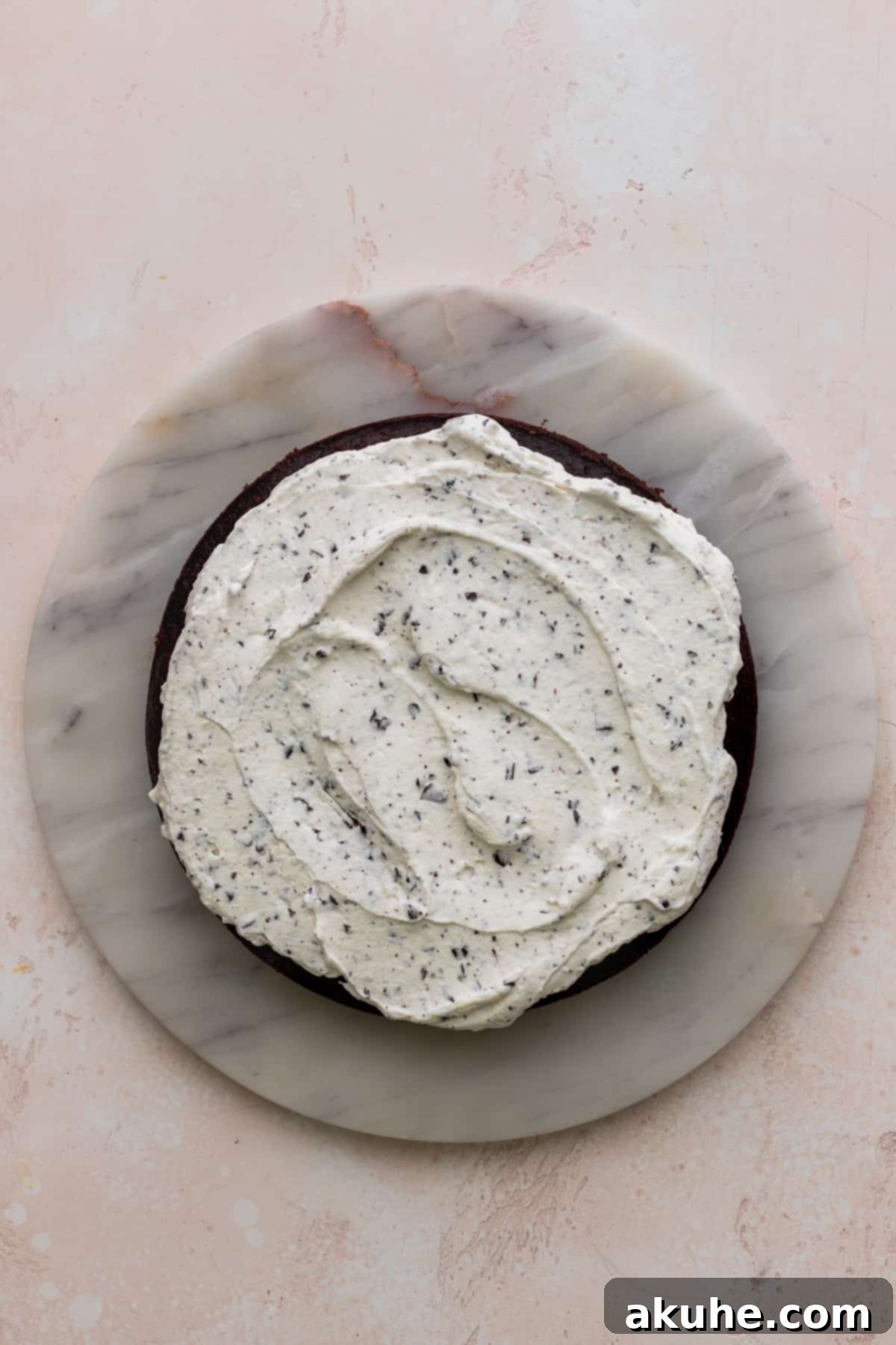 Ultimate Cookie Dough Ice Cream Cake 12 A layer of stabilized chocolate chunk whipped cream spread over the first chocolate cake layer.