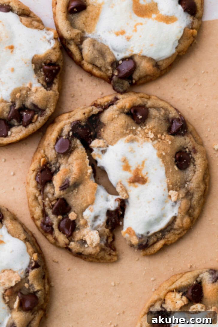 Gooey S'mores Cookies 11 A single s'mores cookie split cleanly in half, showcasing its rich, melted chocolate and a thick, inviting layer of gooey marshmallow.