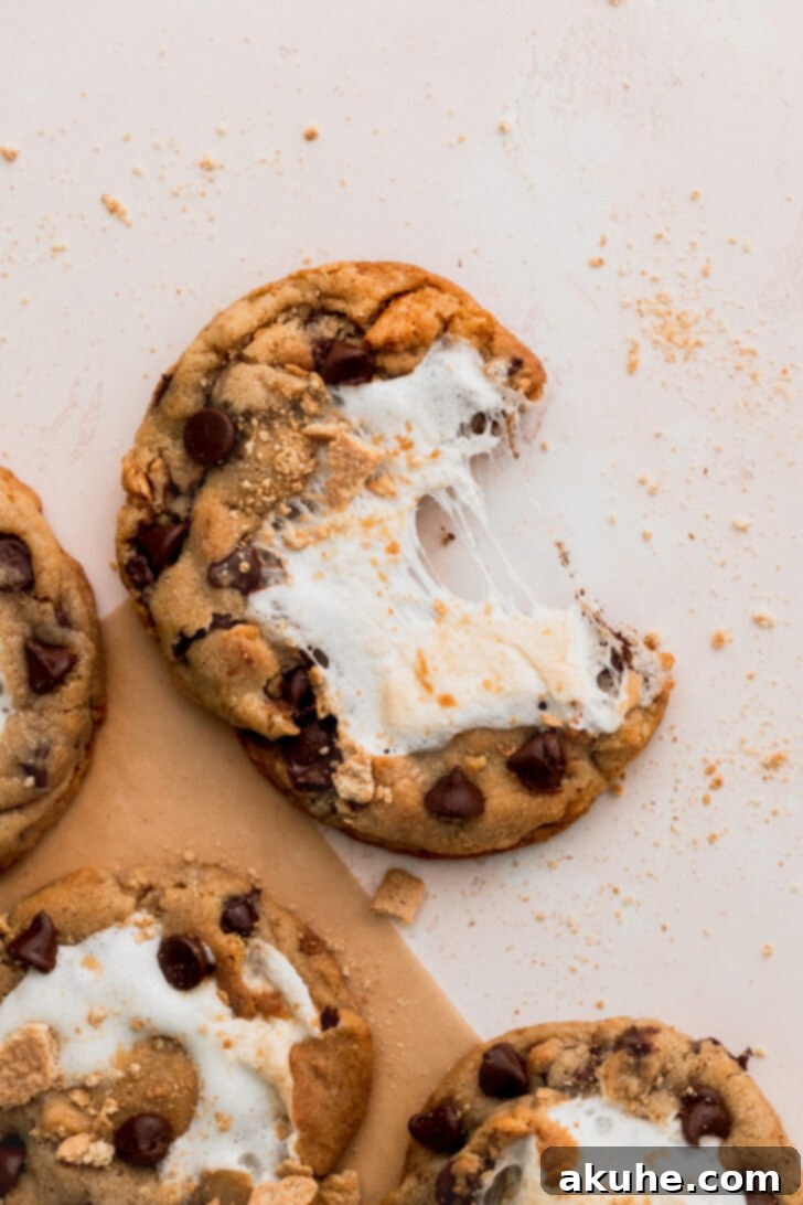 Gooey S'mores Cookies 3 A s'mores cookie cut in half, revealing its incredibly gooey, melted marshmallow center, warm chocolate, and crunchy graham cracker pieces.