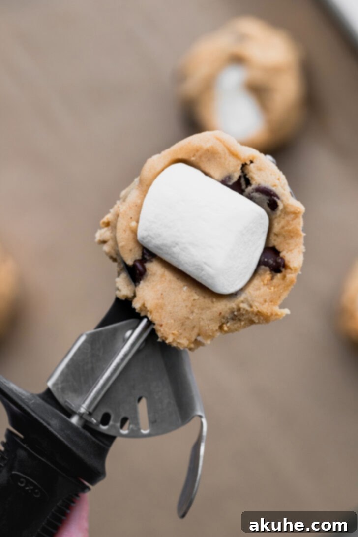 Gooey S'mores Cookies 8 A frozen marshmallow carefully placed into the thumb-made hole within a scoop of s'mores cookie dough.