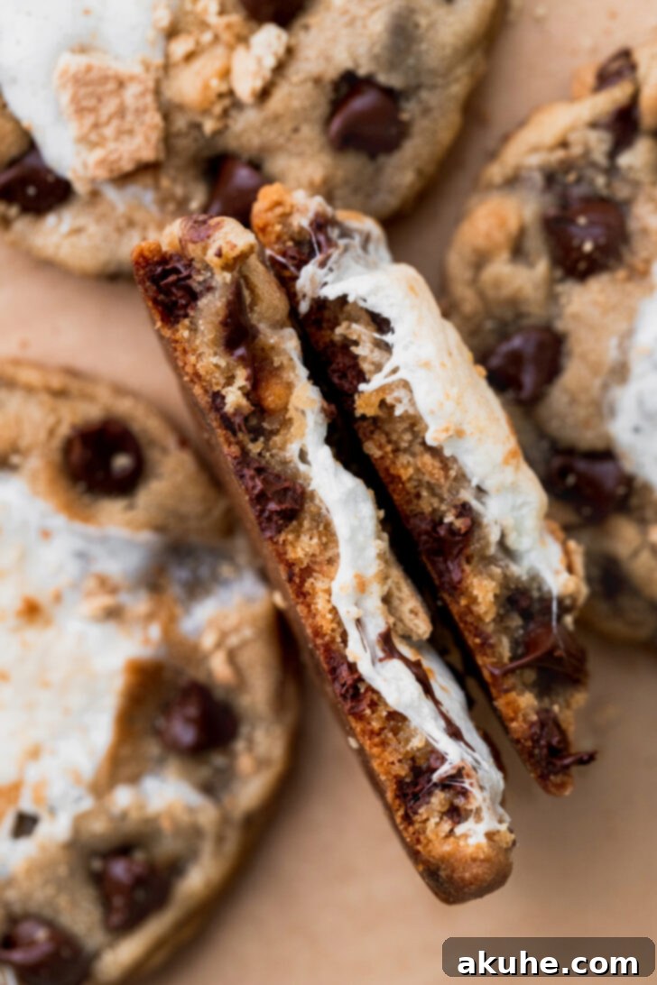 Gooey S'mores Cookies 10 A s'mores cookie standing on its side, split open to show a perfect, stretchy, melted marshmallow interior and chocolate chips.