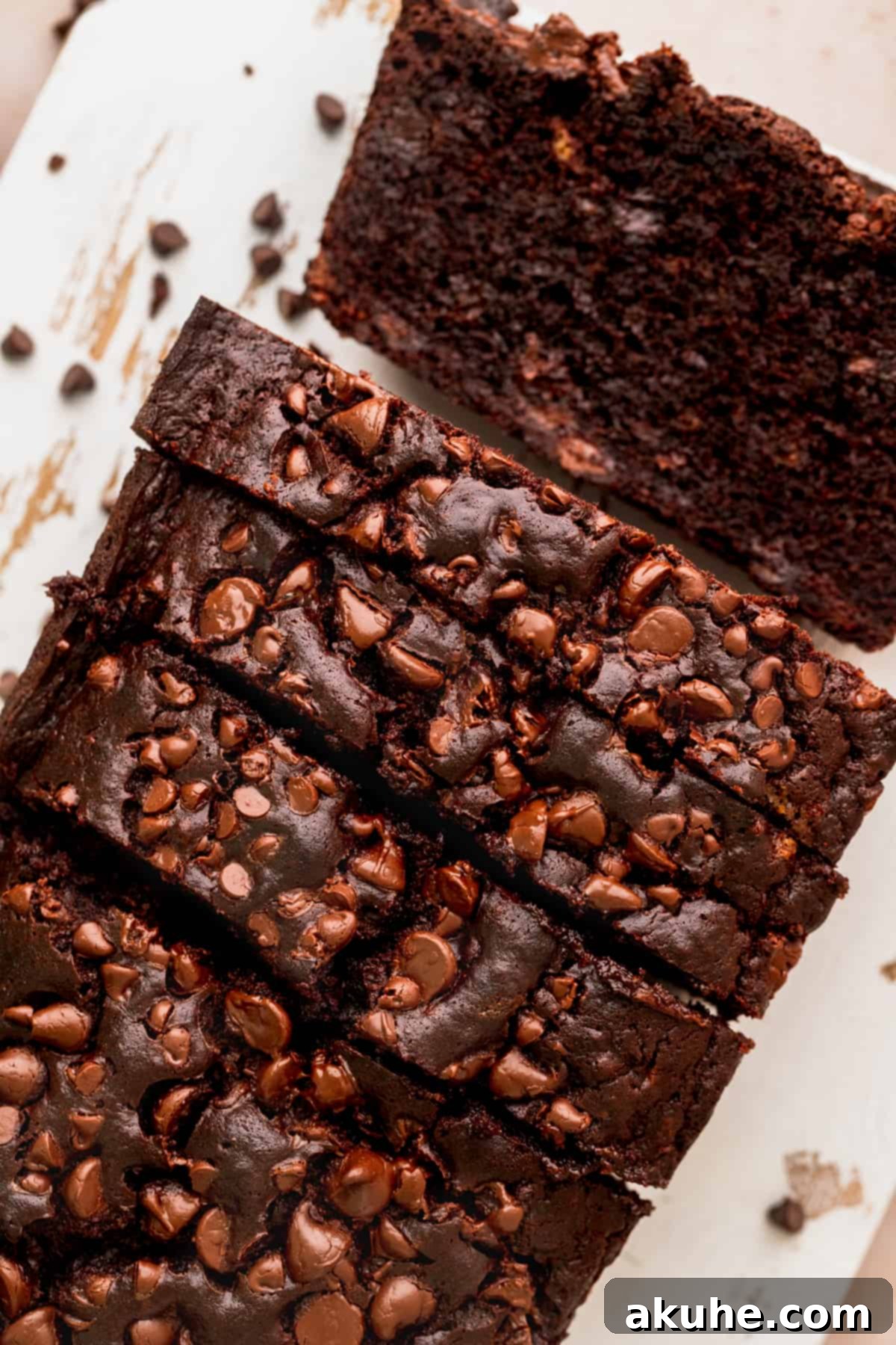 Decadent Double Chocolate Banana Bread 3 A freshly baked double chocolate banana bread loaf with several slices cut out, showcasing its rich, moist interior.