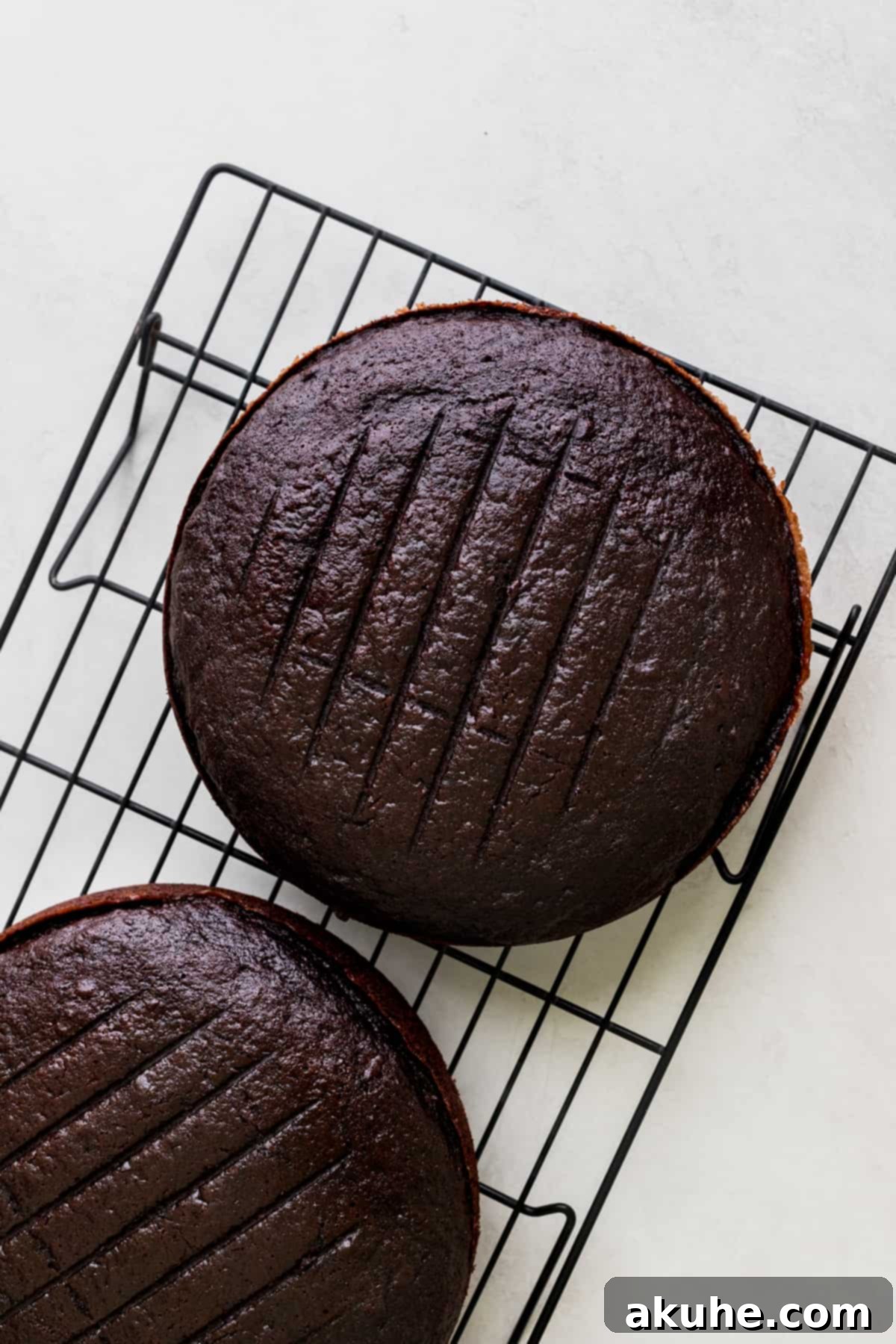 Chocolate cake layers on a wire rack.