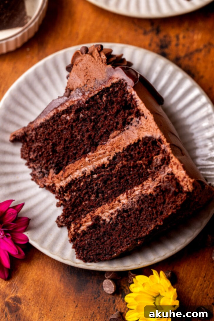 Decadent Triple Chocolate Cake 3 Top view of a slice of cake on a plate.