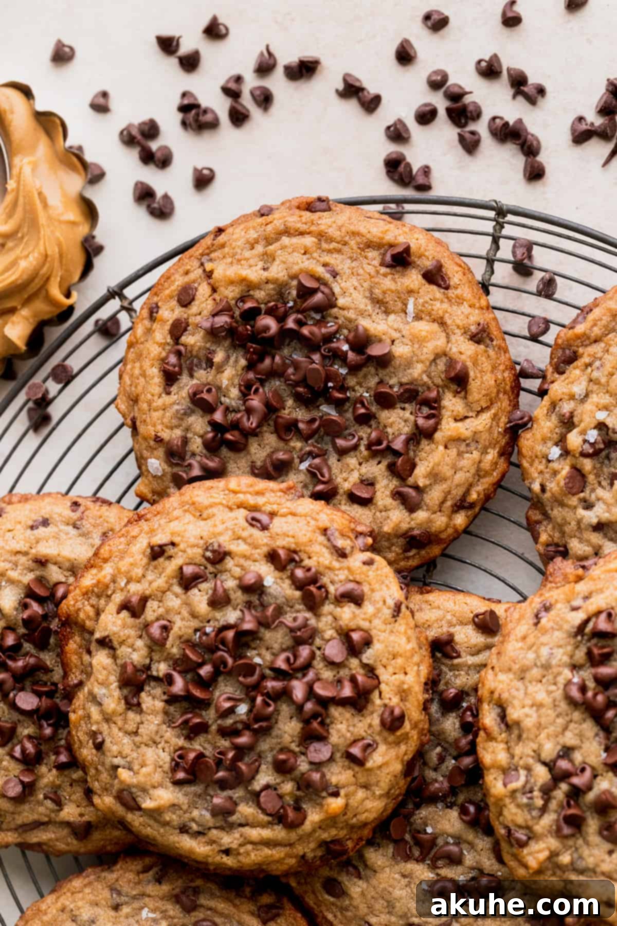 Delicious banana peanut butter cookies cooling on a wire rack, ready to be enjoyed.