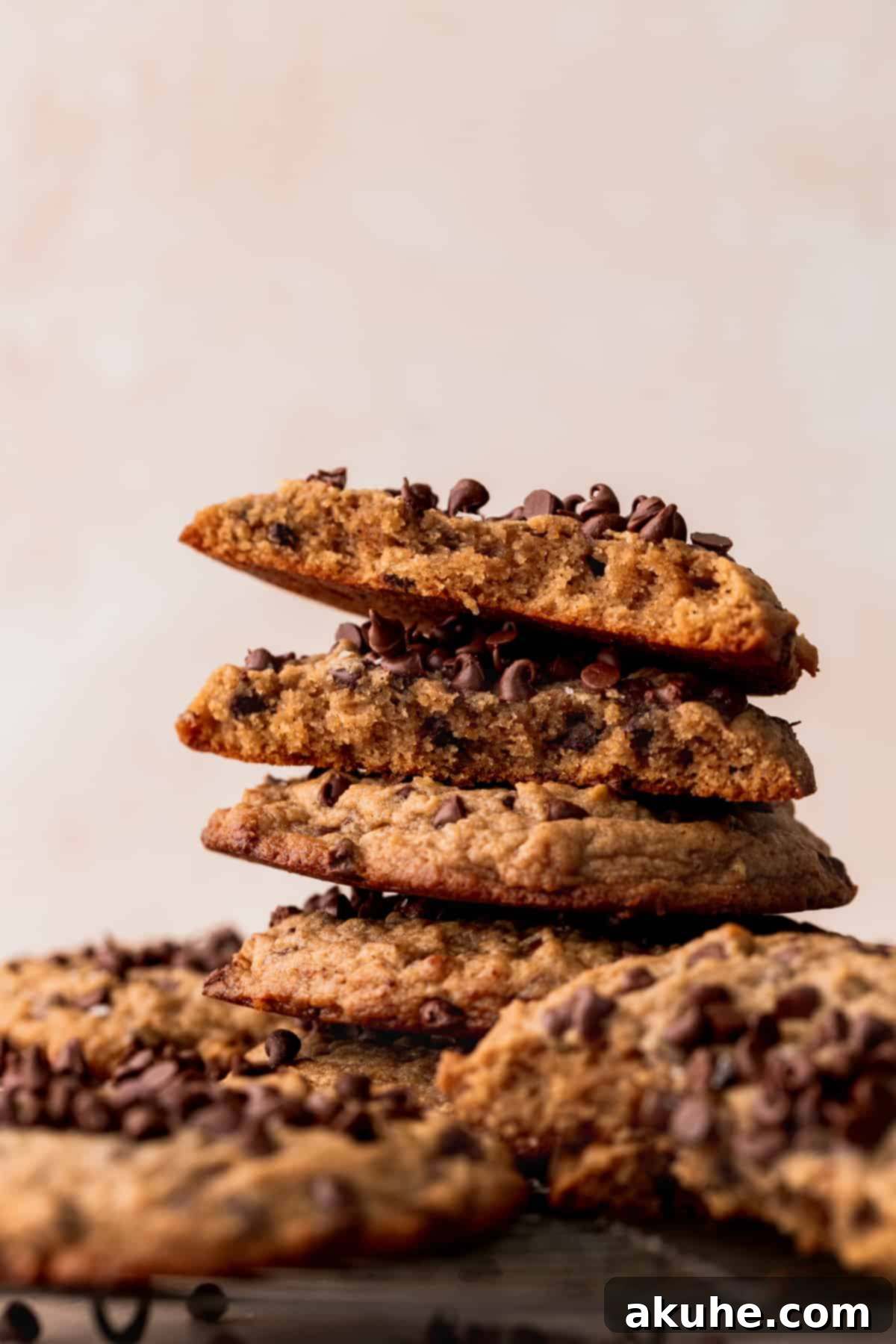 Stack of freshly baked banana peanut butter cookies, showing their inviting texture.