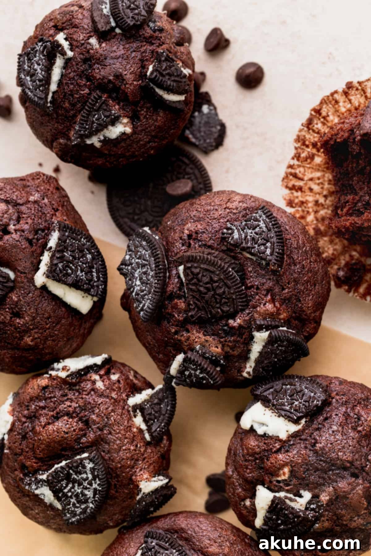 Decadent Oreo Delights 5 Freshly baked Oreo muffins arranged beautifully on parchment paper, highlighting their perfect tops and cookie crumbles.