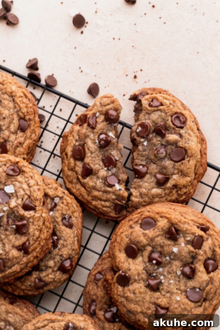 Java Delights 3 A chewy coffee cookie split in half, revealing its soft interior and melted chocolate chips.