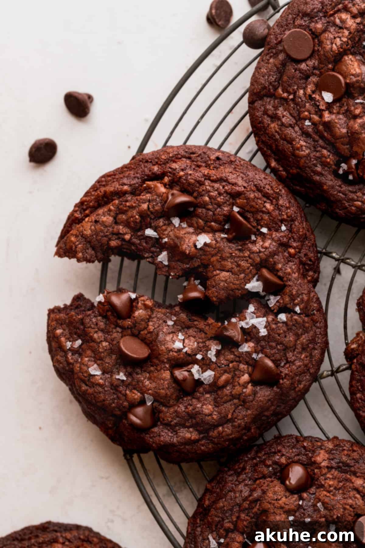 Ultimate Fudgy Crinkle Cookies 3 A brownie crinkle cookie split in half, showcasing its dense, fudgy texture and melted chocolate chips.