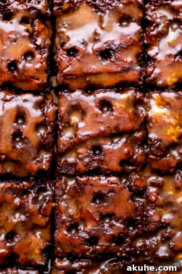Top view of luscious salted caramel brownies, perfectly fudgy with a glistening caramel swirl.