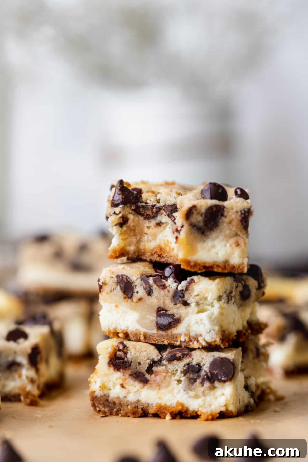 Decadent Cookie Dough Cheesecake Bars 2 Stack of freshly baked Cookie Dough Cheesecake Bars, showcasing their distinct layers and golden cookie topping.