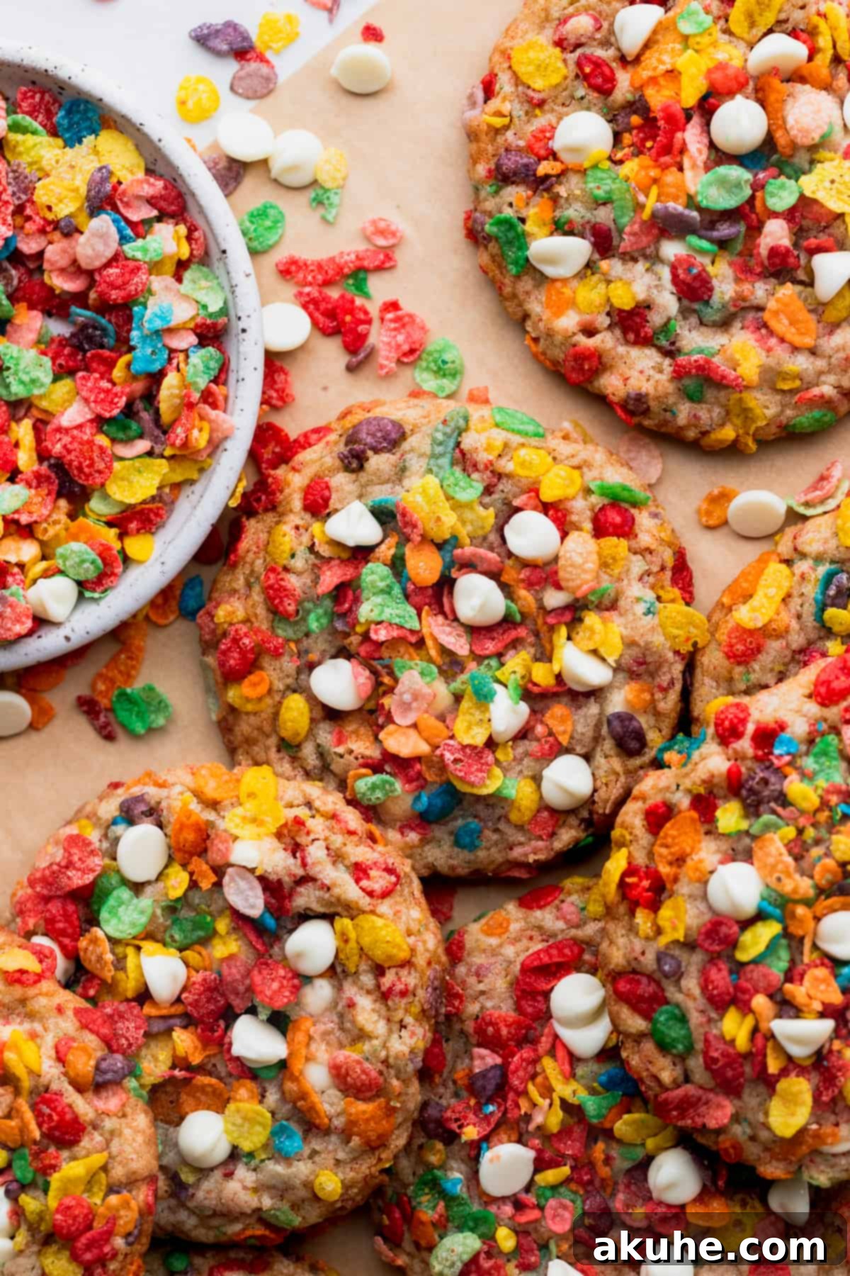 Fruity Pebbles Cookies 2 Fruity pebble cookies arranged neatly on parchment paper, showcasing their vibrant colors and appealing texture.